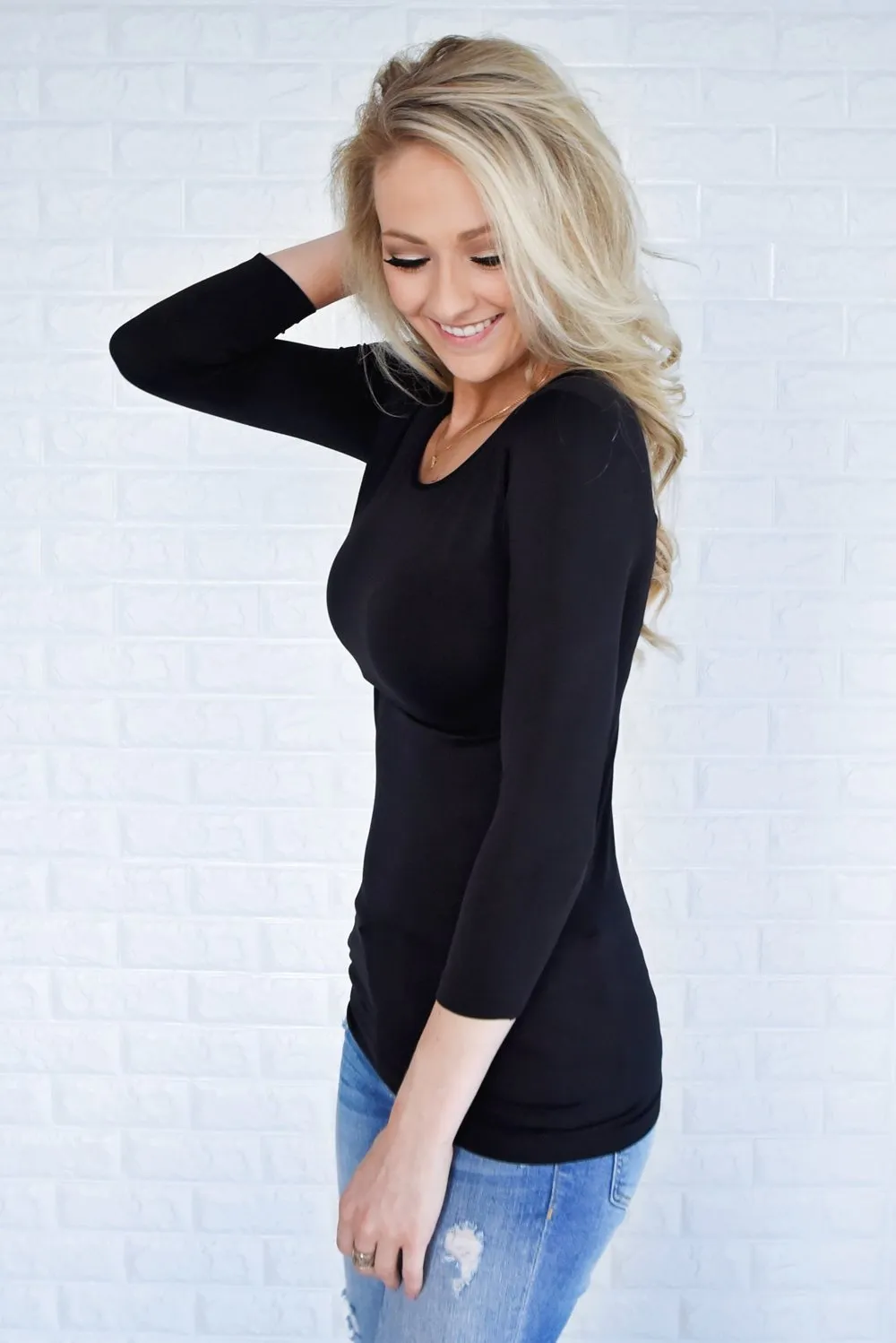 3/4 Sleeve Seamless Top - Black