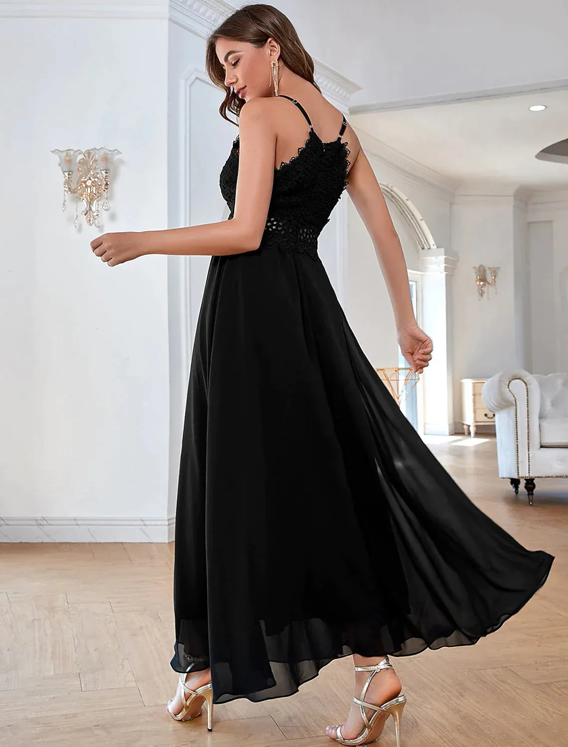 A-Line Elegant Vintage Party Wear Formal Evening Dress V Neck Sleeveless Ankle Length Chiffon with Sequin Splicing