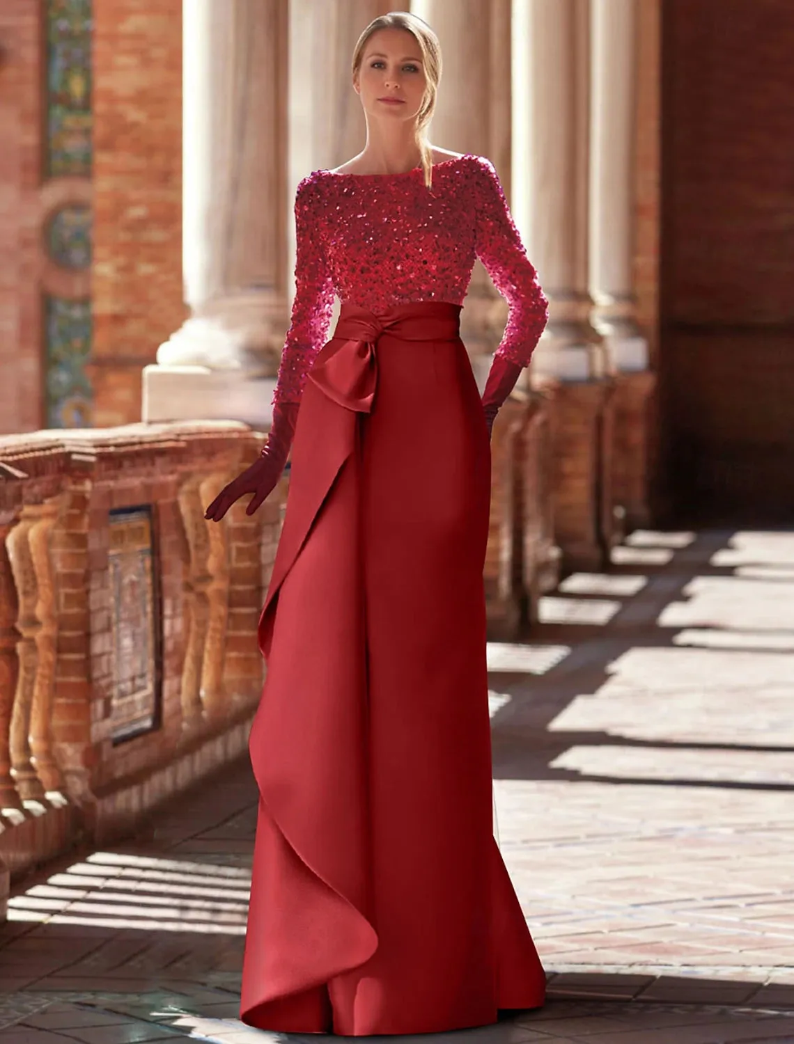 A-Line Evening Gown Elegant  Formal Floor Length Long Sleeve Jewel Neck Satin with Glitter Ruffles