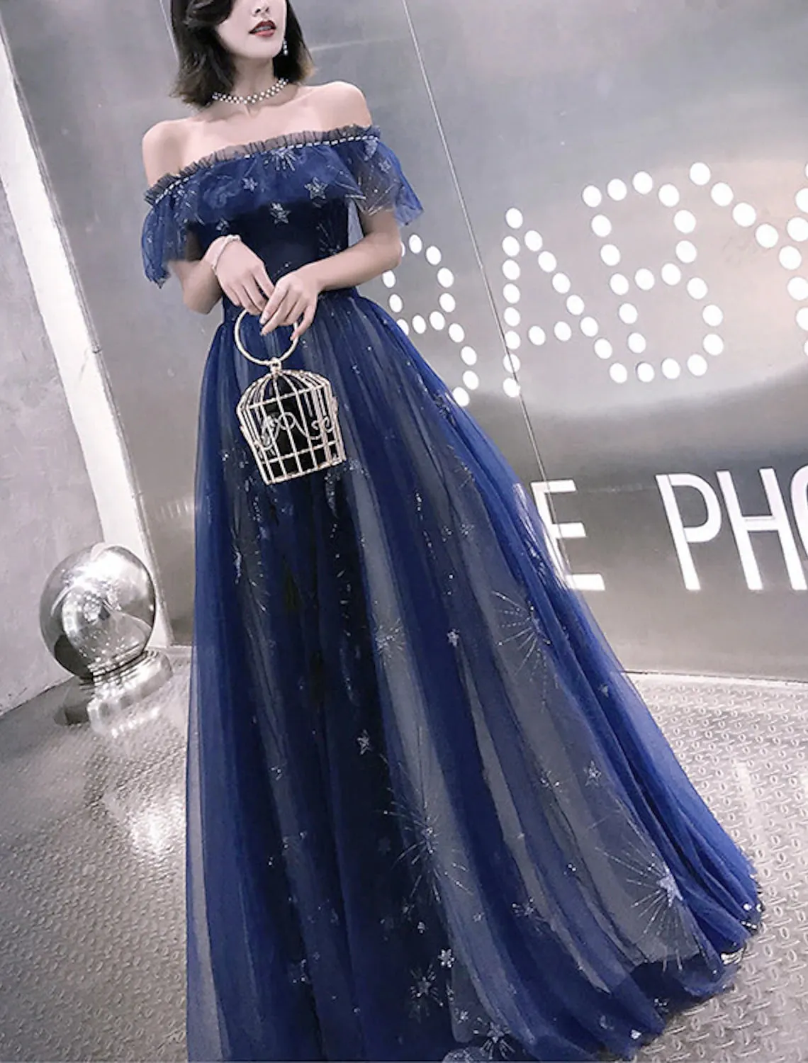 A-Line Fairy Prom Dress Sparkle Party Dress Off Shoulder Short Sleeve Floor Length Tulle with Sequins Embroidery Bridesmaid Formal Evening