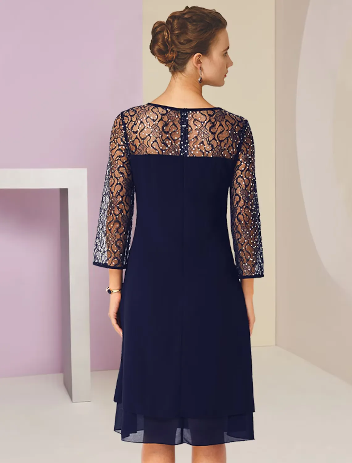 A-Line Mother of the Bride Dress Formal Wedding Guest Elegant Scoop Neck Knee Length Lace Sleeve with Sequin