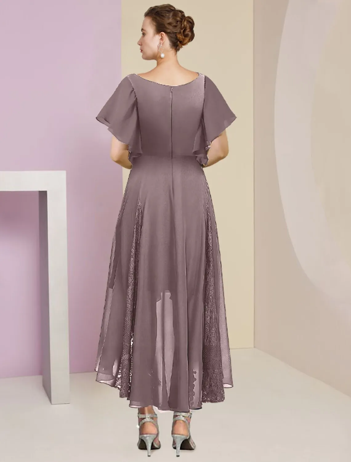 A-Line Mother of the Bride Dress Formal Wedding Guest Elegant V Neck Ankle Length Chiffon Lace Short Sleeve with Pleats Crystal Brooch