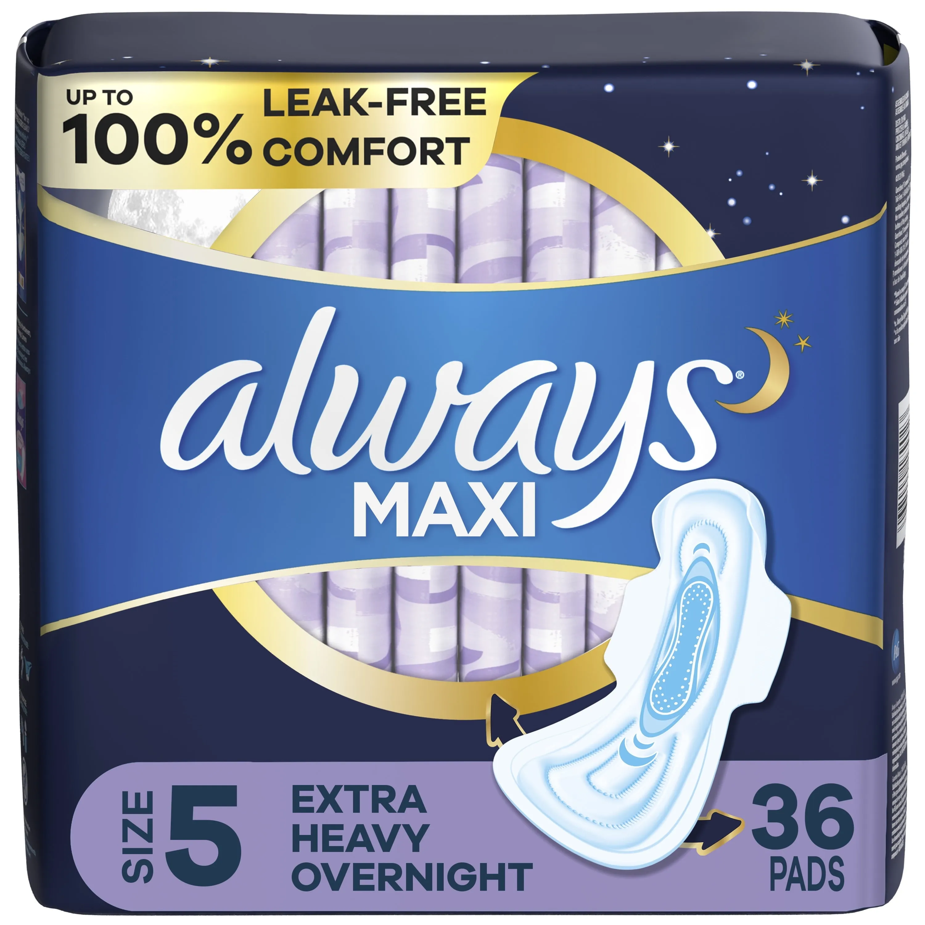 Always Maxi Pads with Wings, Size 5, Extra Heavy Overnight Absorbency, 36 CT