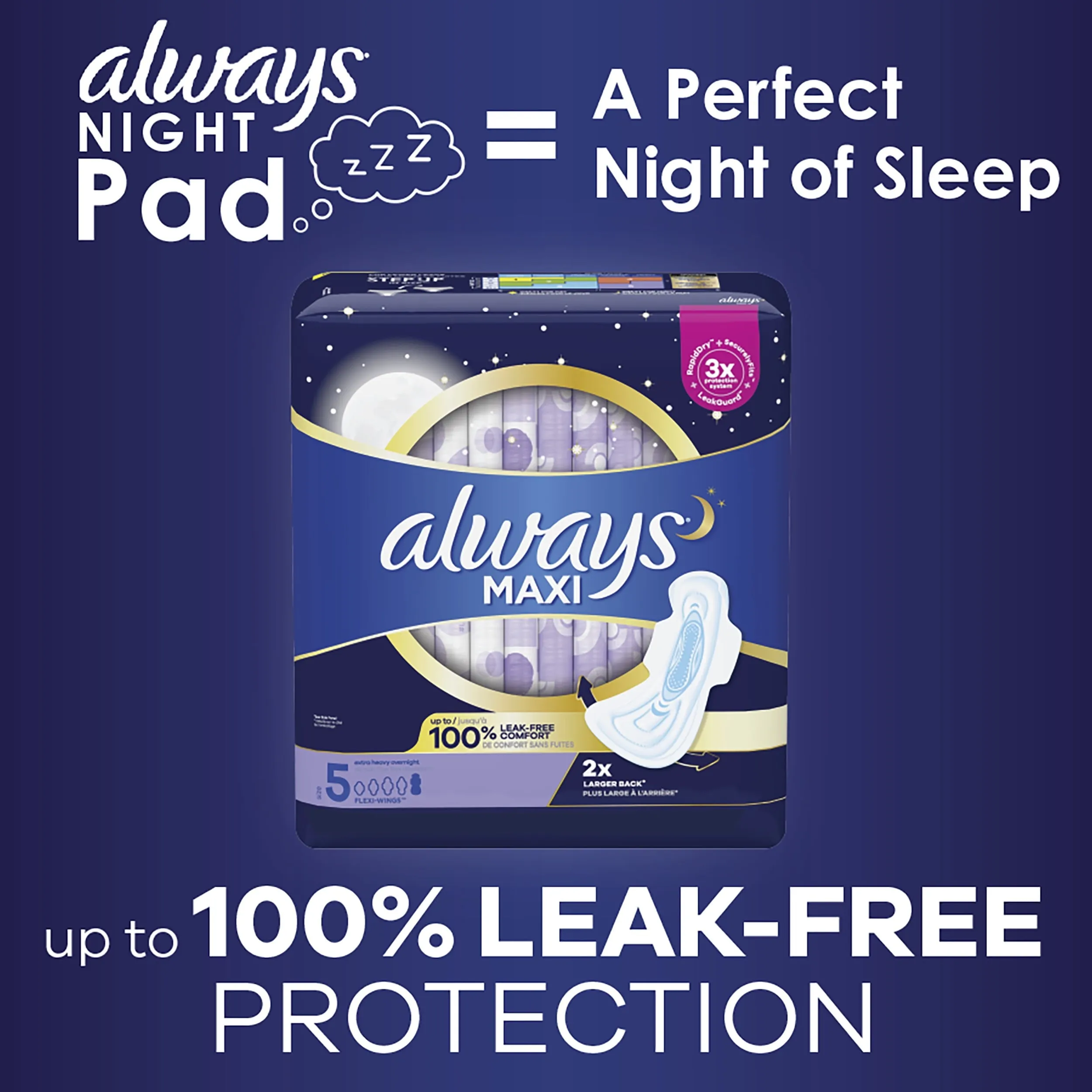 Always Maxi Pads with Wings, Size 5, Extra Heavy Overnight Absorbency, 36 CT