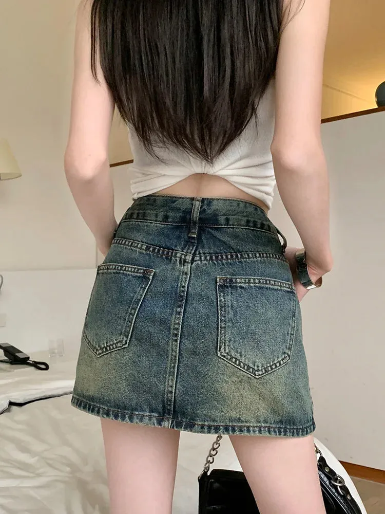 American Retro Denim High Waist A-line Short Skirt