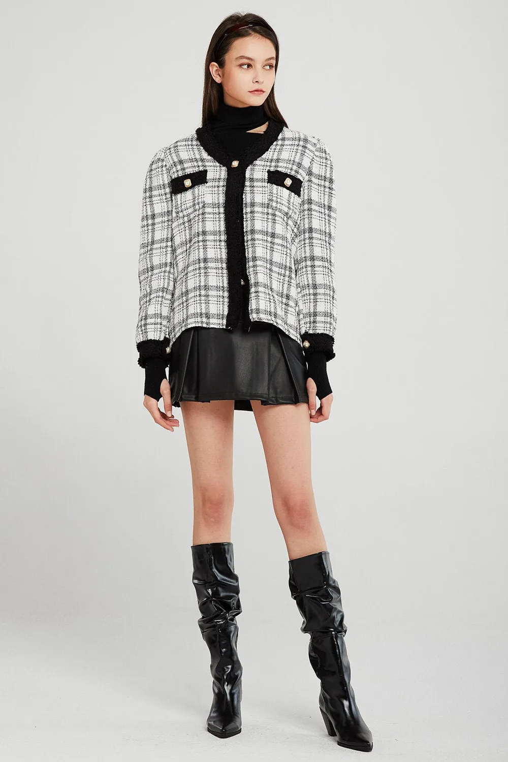 Amy Contrast Trim Plaid Cardigan