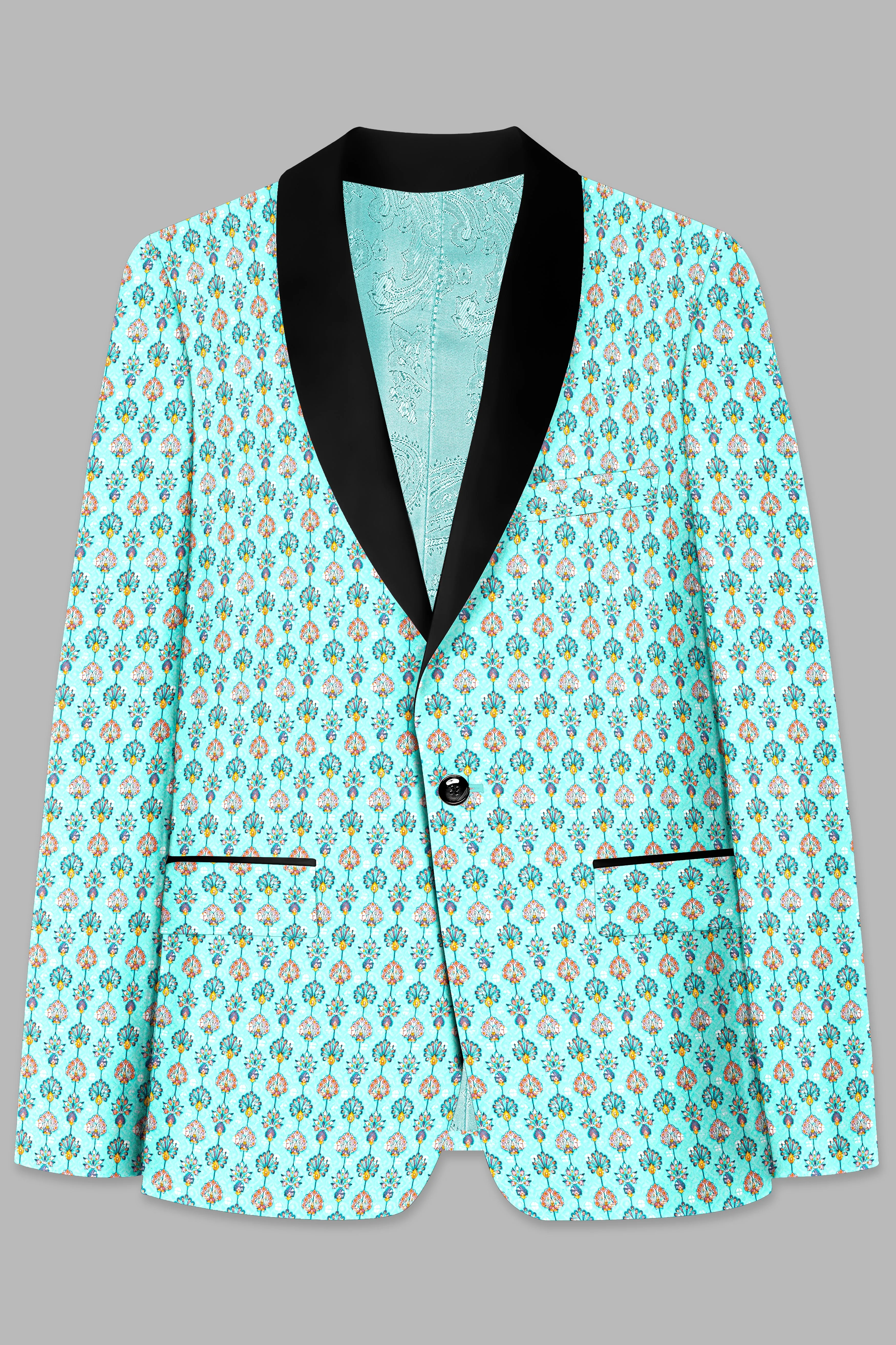 Aquamarine Blue And Tangerine Peach Designer Thread Embroidered Tuxedo Blazer