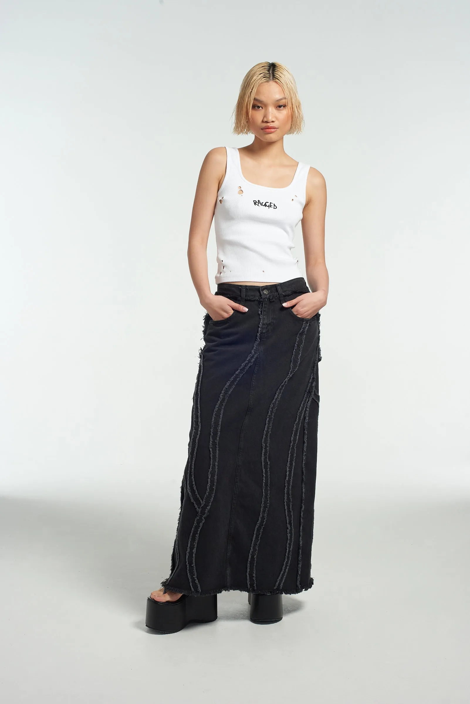 Aquarius Seamed Denim Maxi Skirt