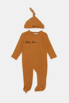 Babies Brown Ribbed Sleepsuit With Hat Set (2 Piece)