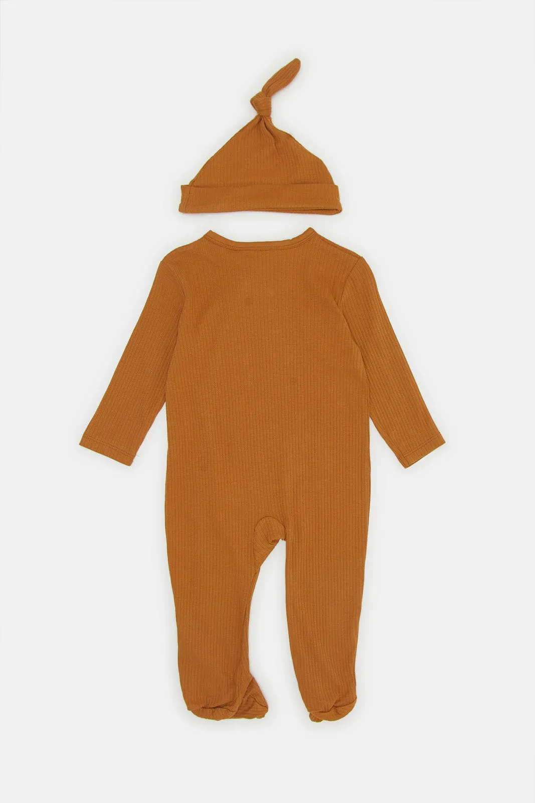 Babies Brown Ribbed Sleepsuit With Hat Set (2 Piece)