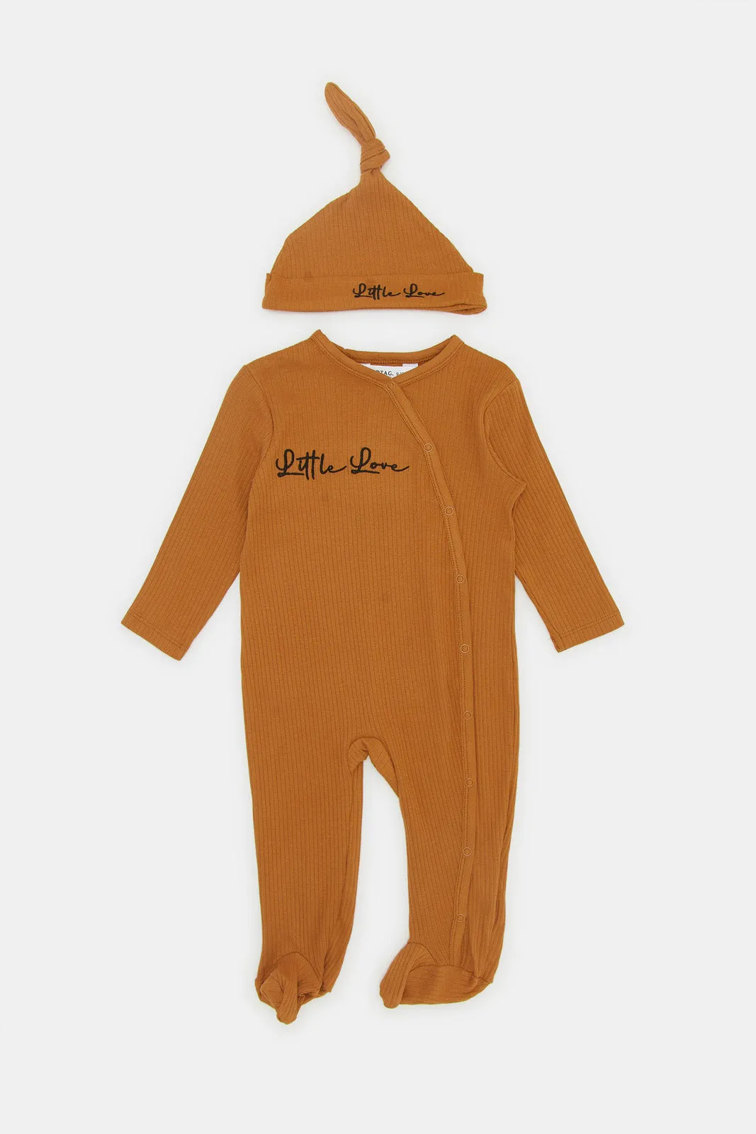 Babies Brown Ribbed Sleepsuit With Hat Set (2 Piece)