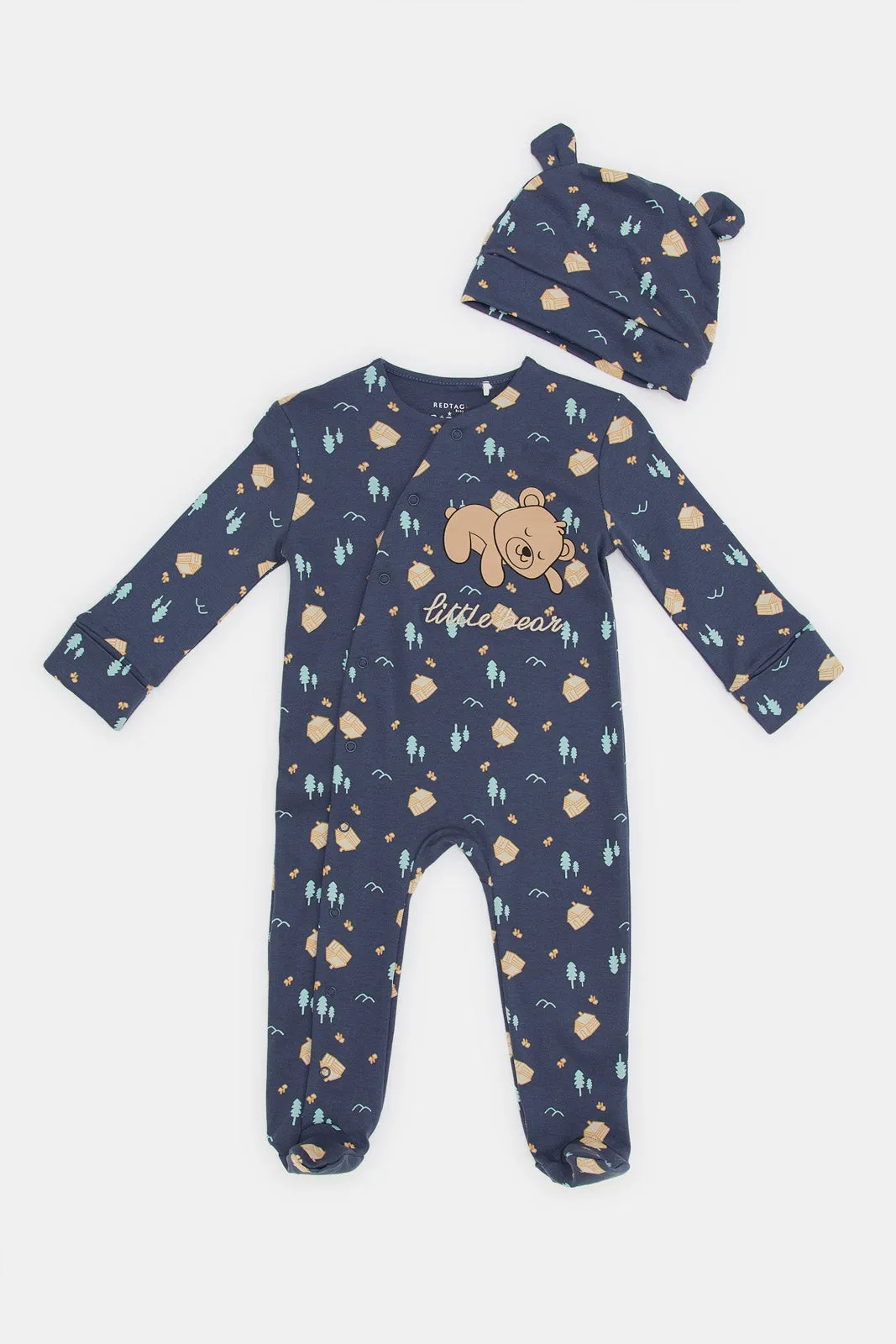 Babies Navy Sleepsuit With Hat Set (2 Piece)