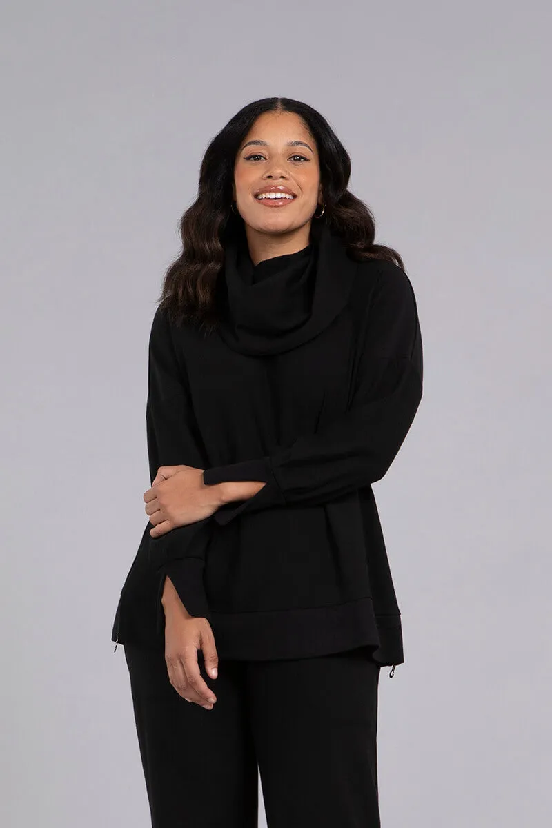 Bamboo Fleece Cowl Neck Pleat Sleeve Top | Black