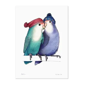 Birds In Hats Print - Lovebirds in Bobble Hats A4