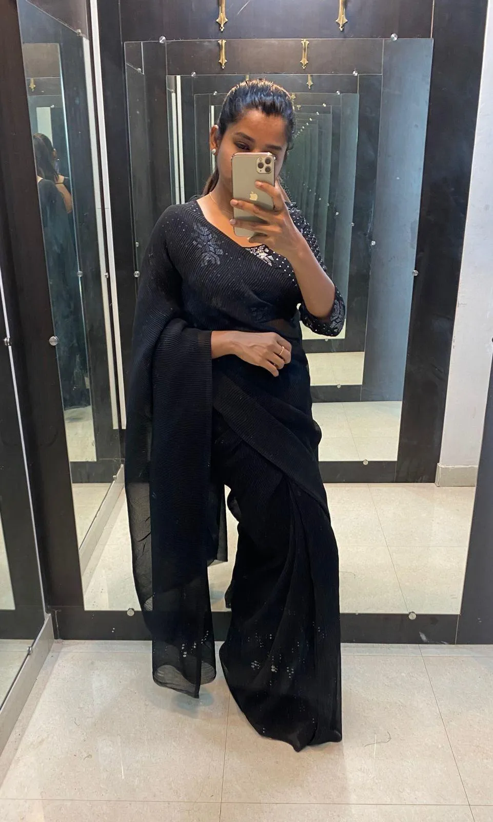 Black crushed saree with ready to wear Blouse