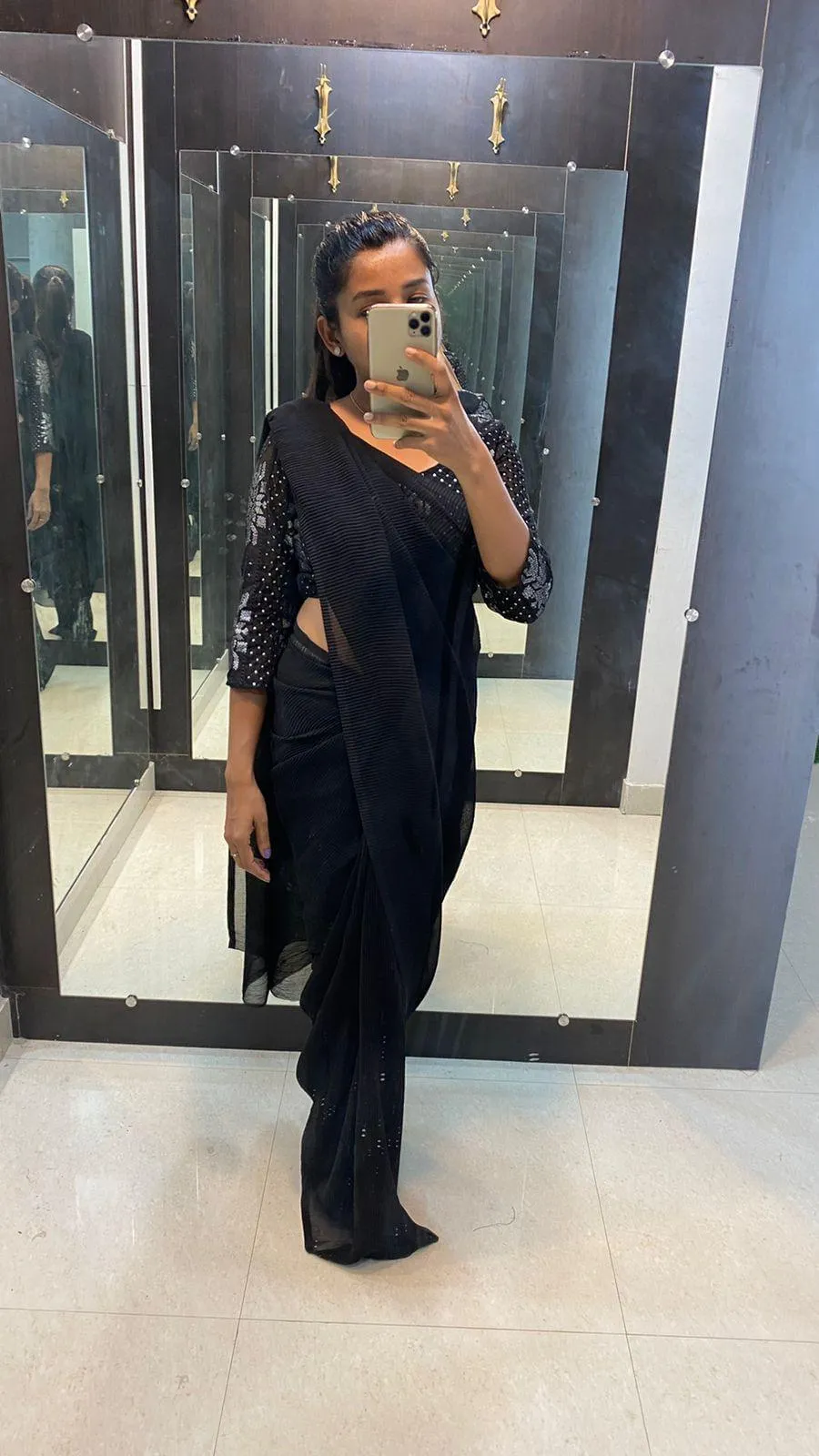 Black crushed saree with ready to wear Blouse