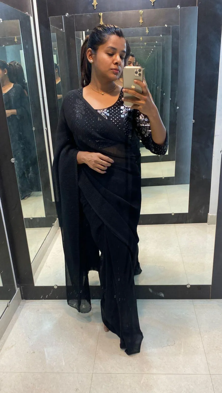 Black crushed saree with ready to wear Blouse