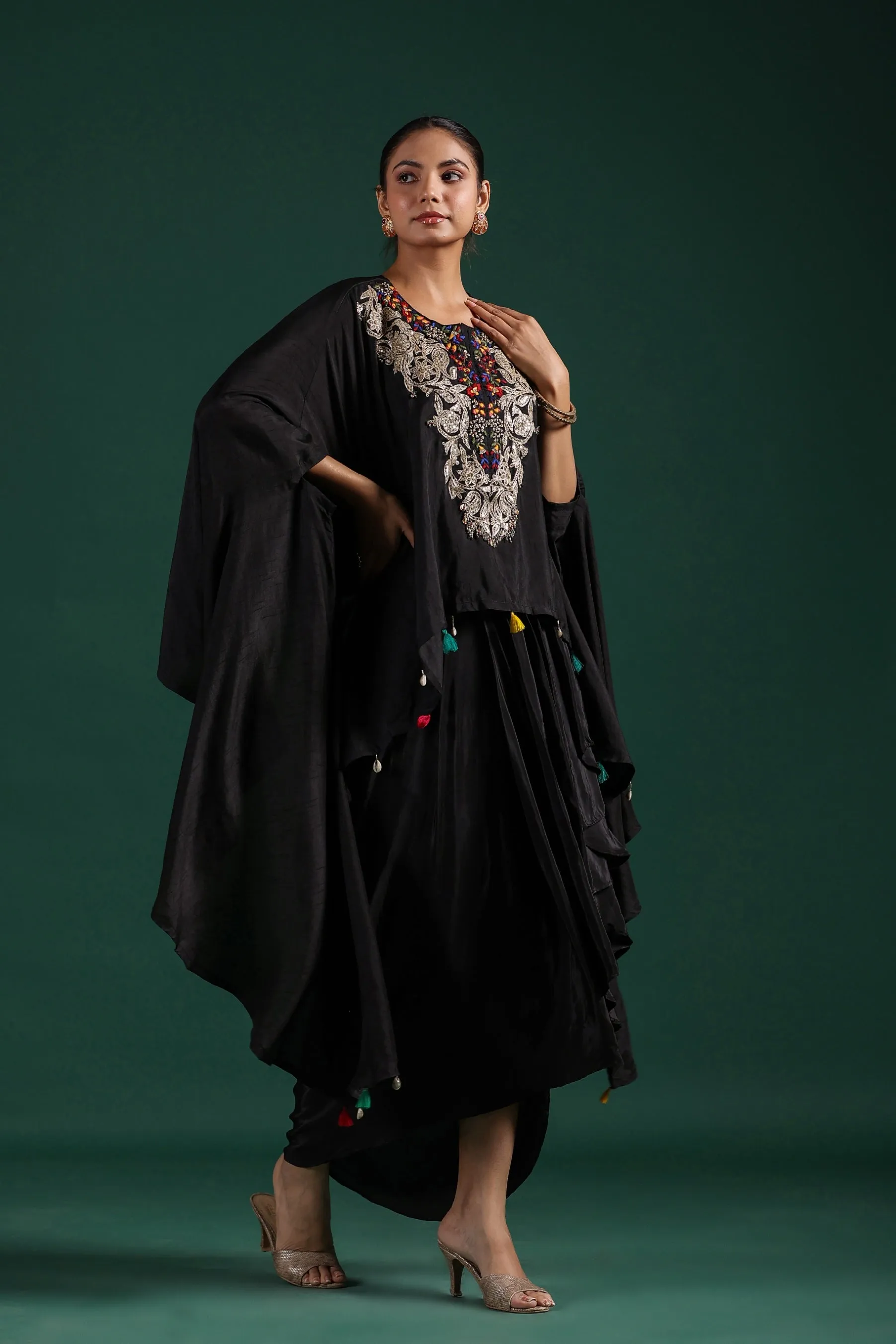 Black Embroidered Raw Silk Draped Skirt Set