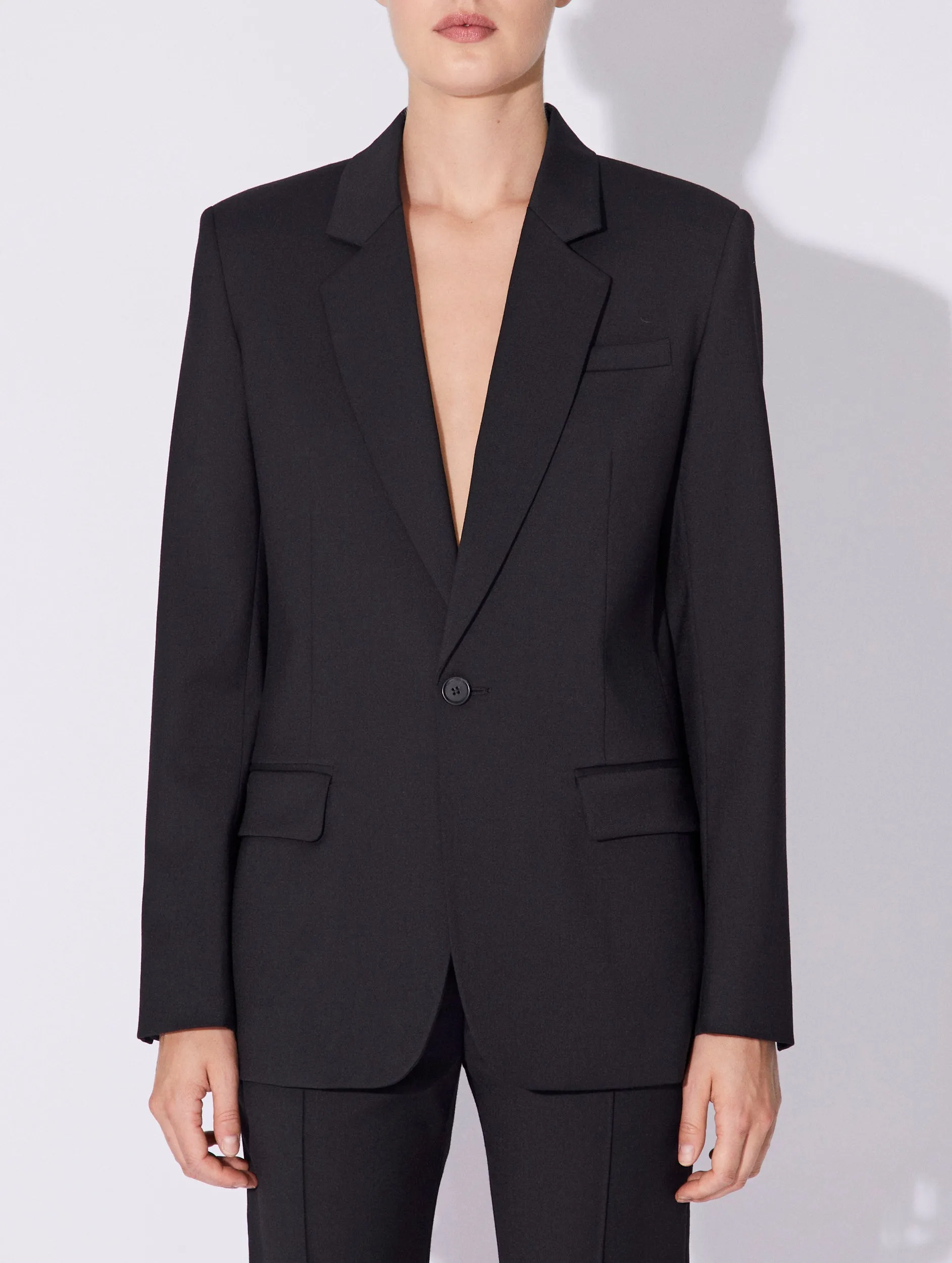 Black stretch wool gabardine suit jacket