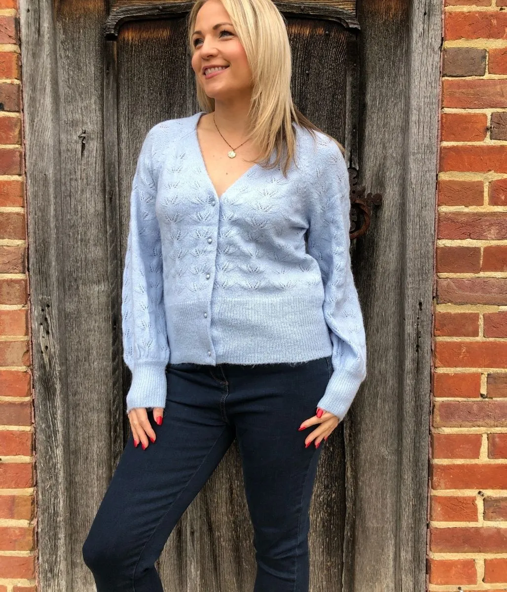 Blue Pointelle Knit Cardigan