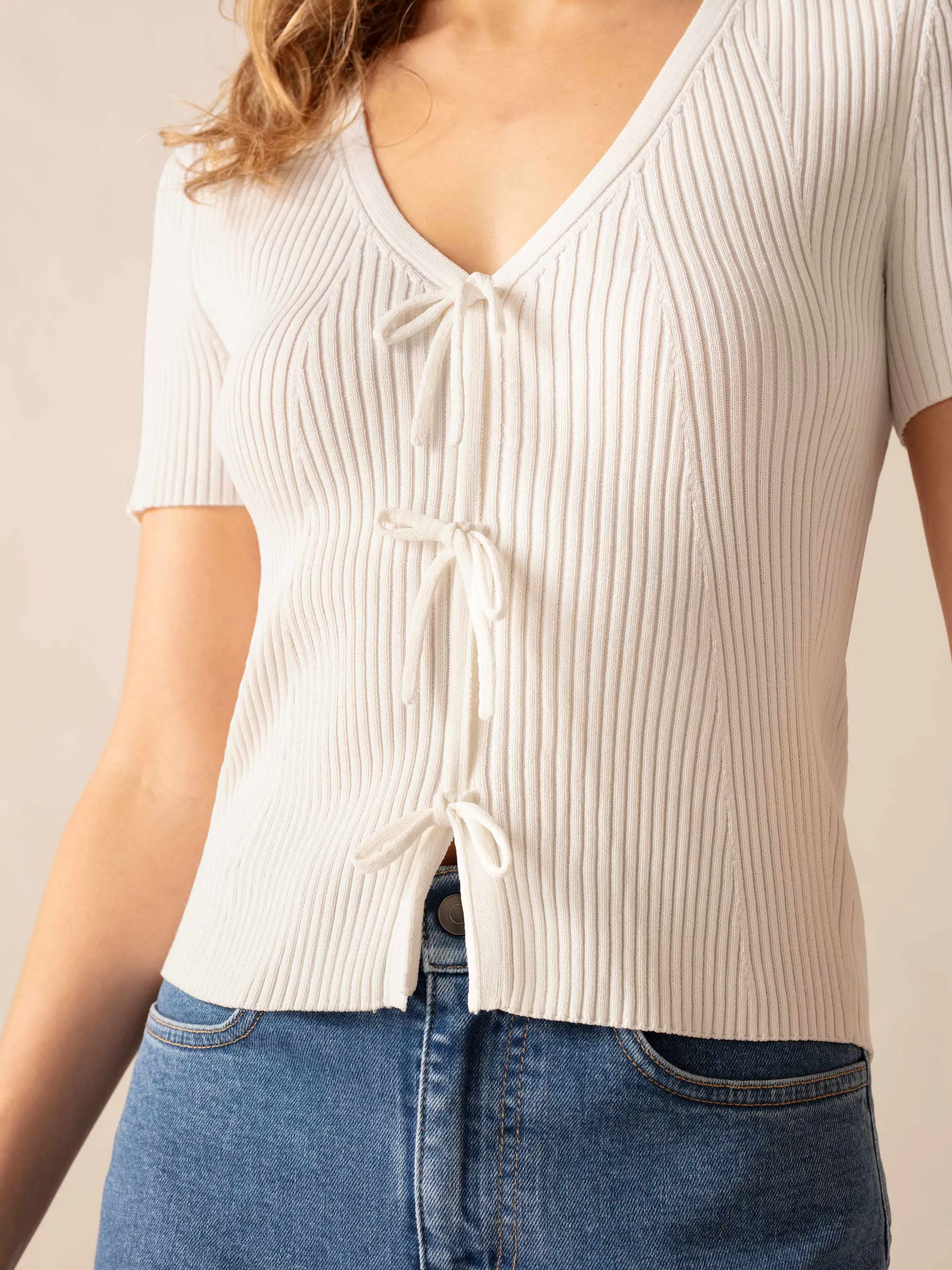 Cream Tie Front Ribbed Top