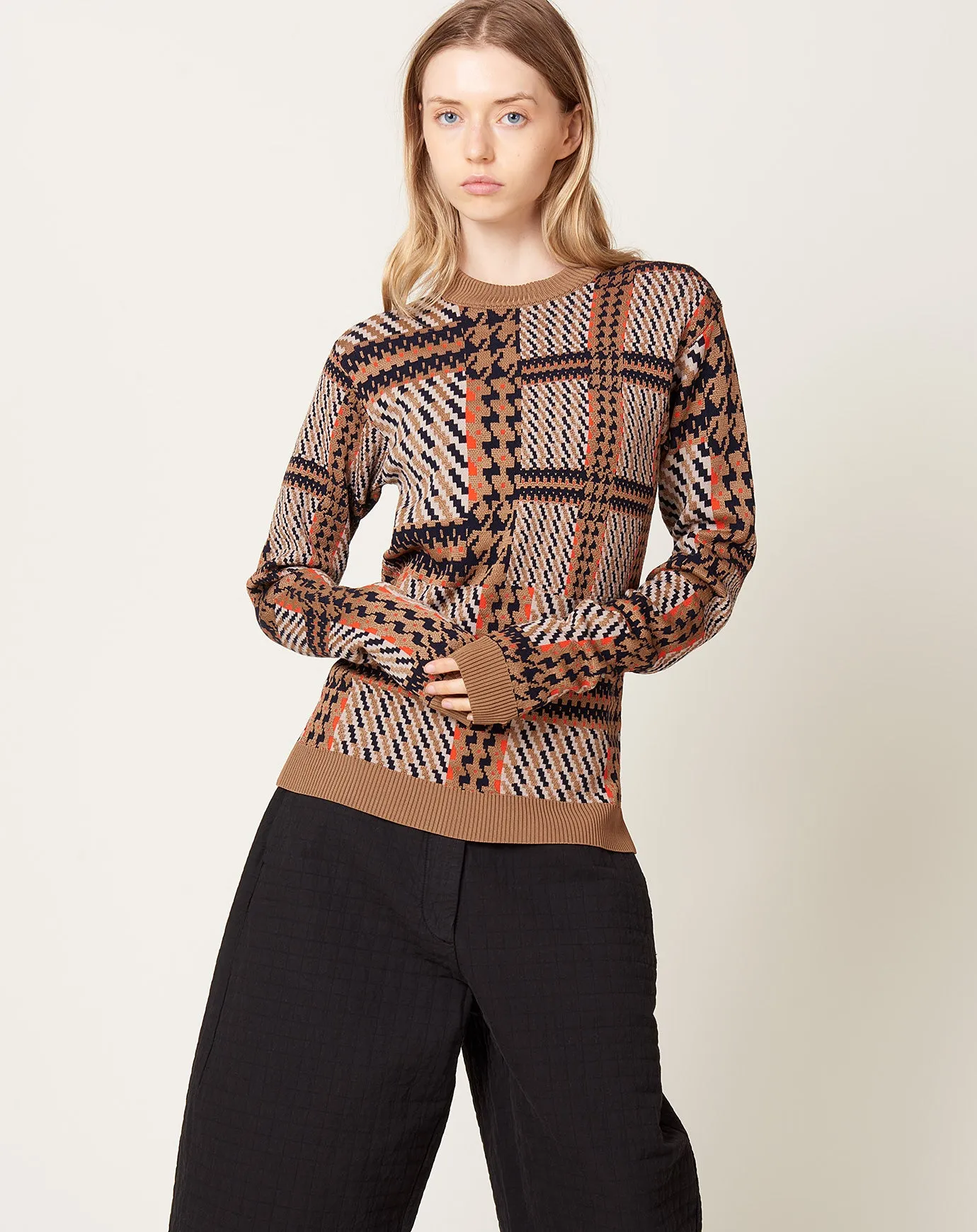 Dusk Knitted Blouse in Orange Mixed Checks