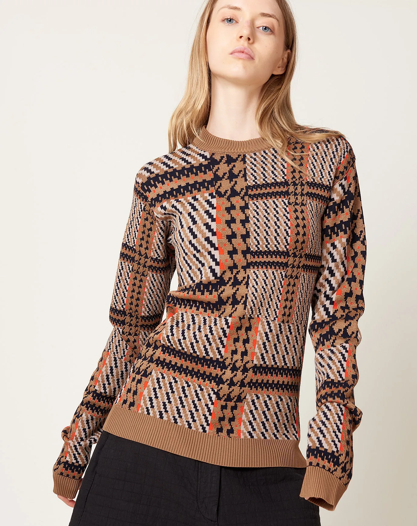 Dusk Knitted Blouse in Orange Mixed Checks