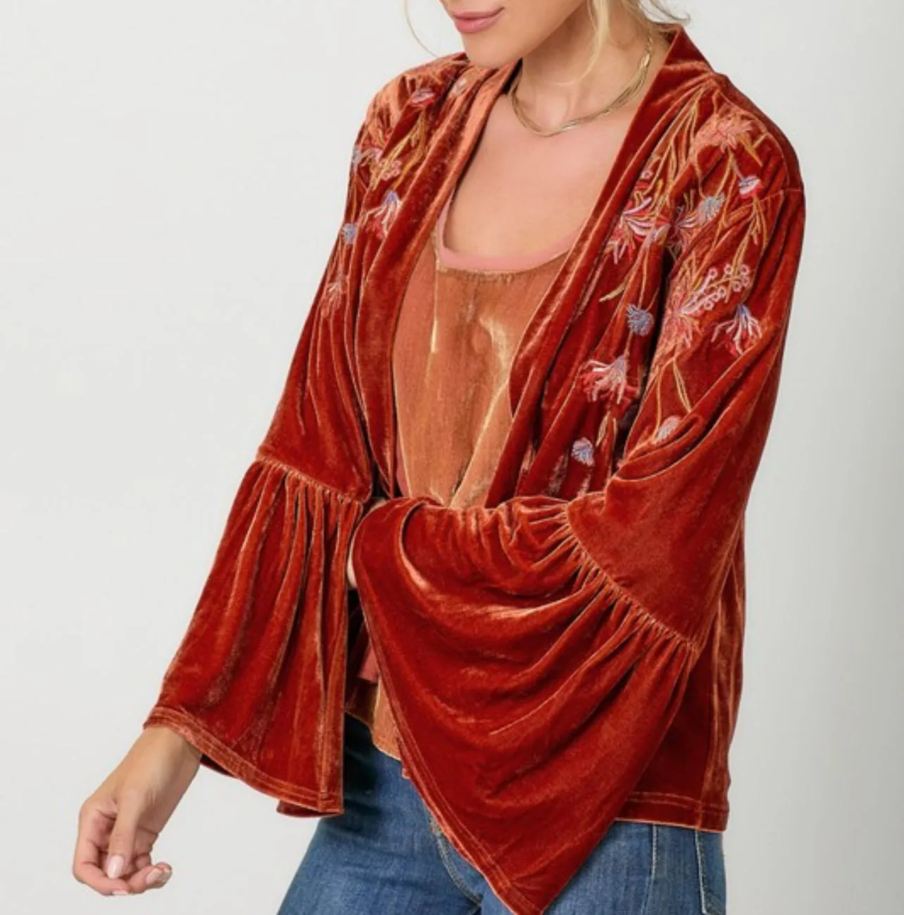 EMBROIDERY VELVET KIMONO CARDIGANS