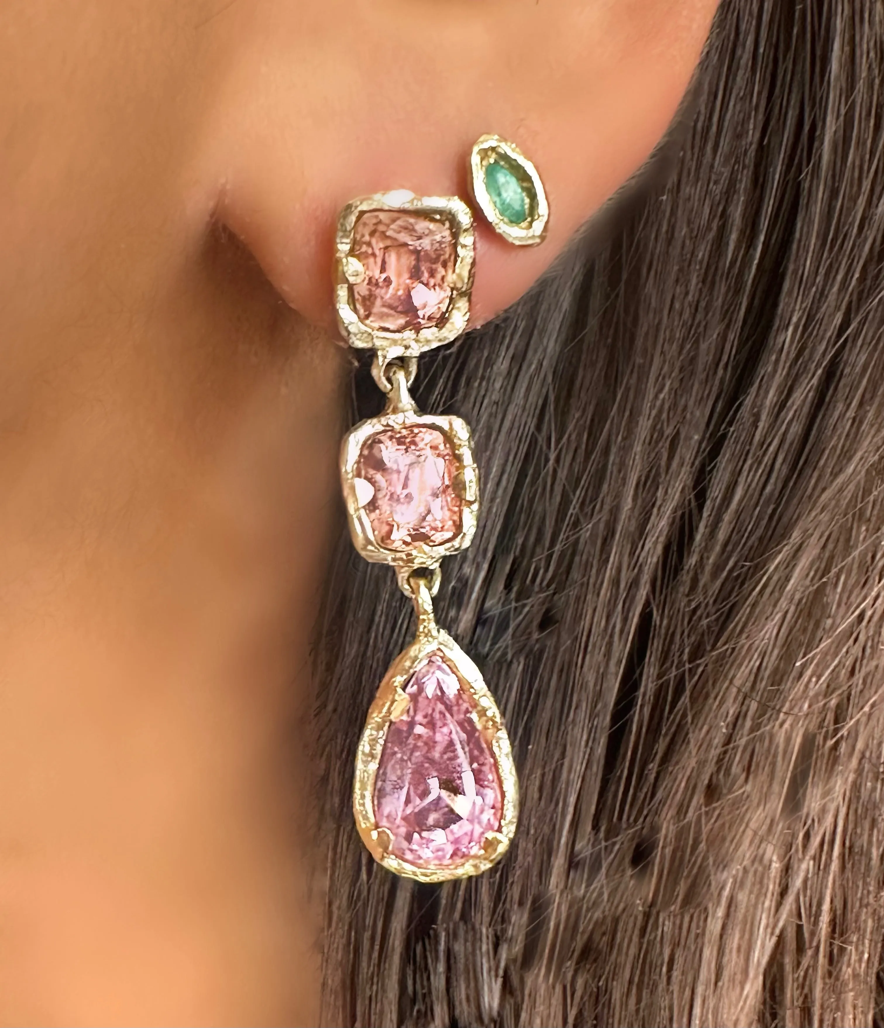 Eros Pink Tourmaline and Kunzite Gala TearDrop Earrings in 14Ct Gold