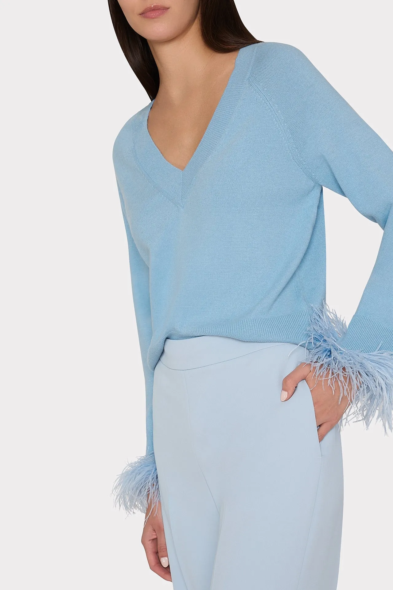 Feather Cuff V-Neck Sweater