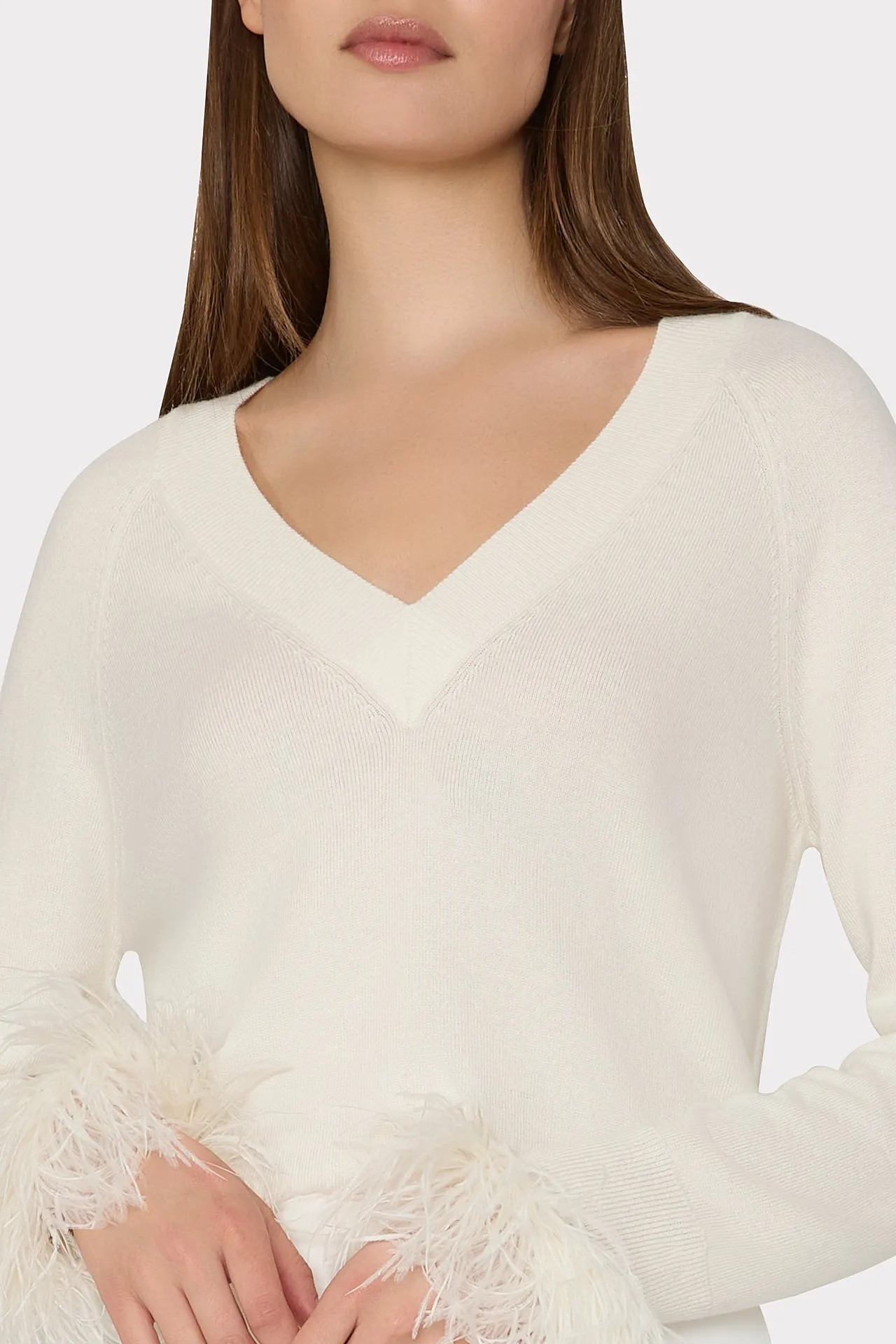 Feather Cuff V-Neck Sweater