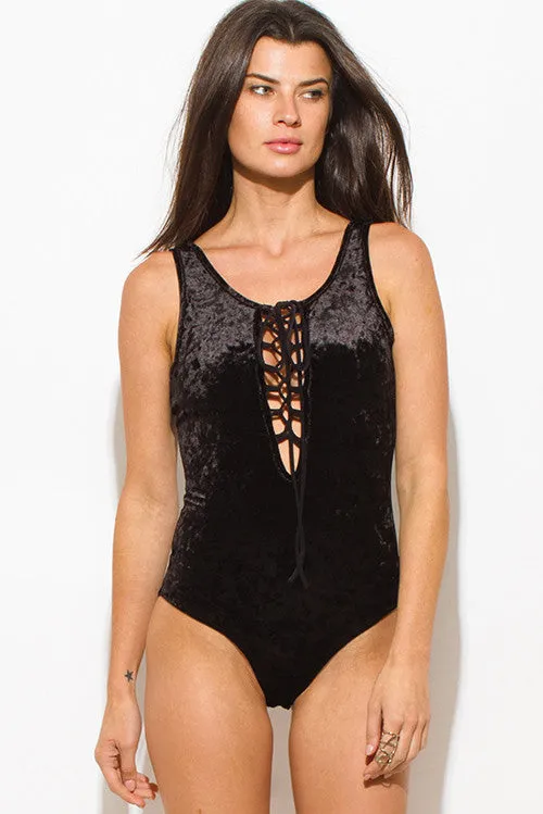 FINAL SALE-MYSTYLEMODE BLACK CRUSHED VELVET DEEP V NECK LACEUP SLEEVELESS BODYSUIT TOP