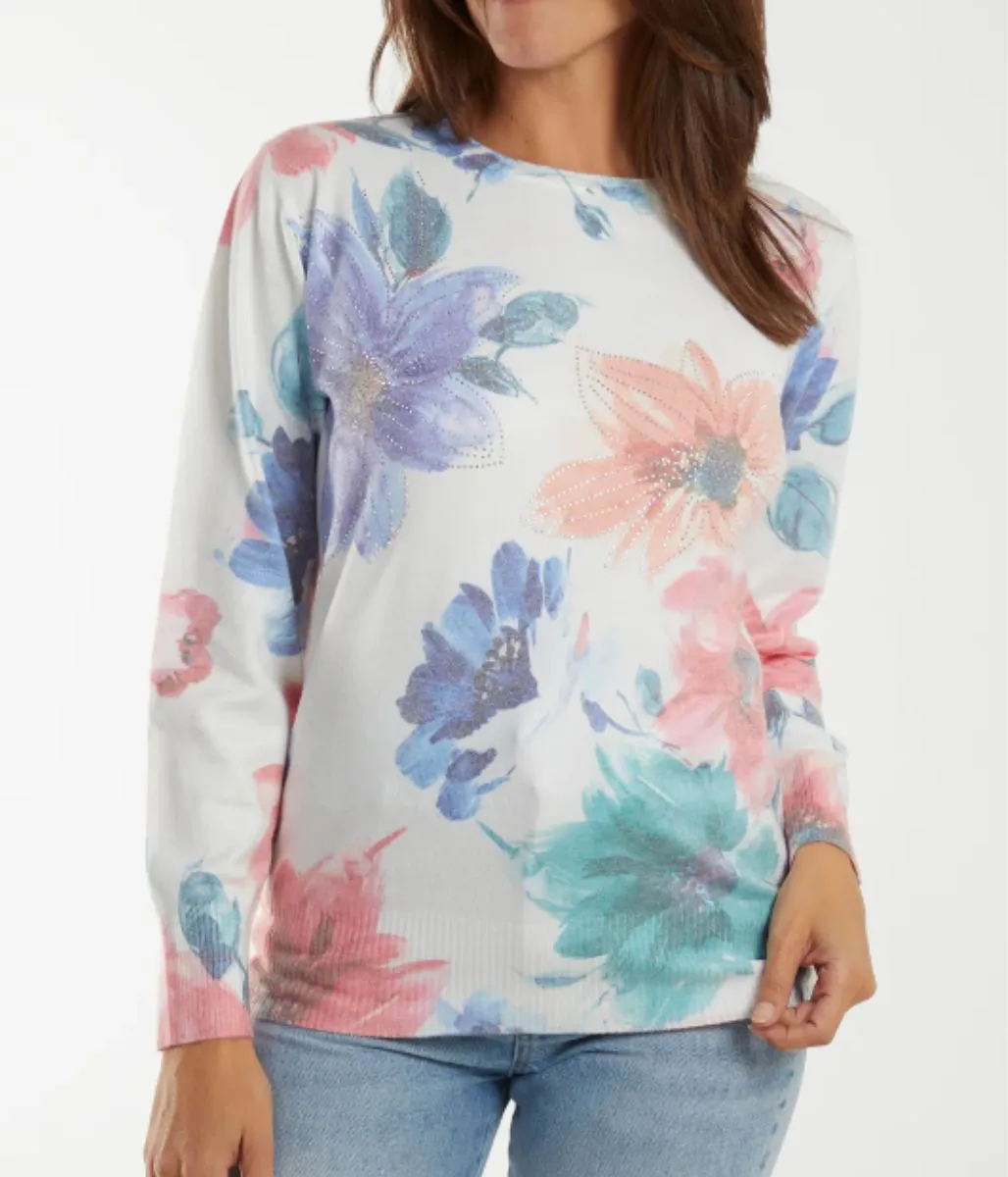 Floral Print Pastel Diamante Jumper