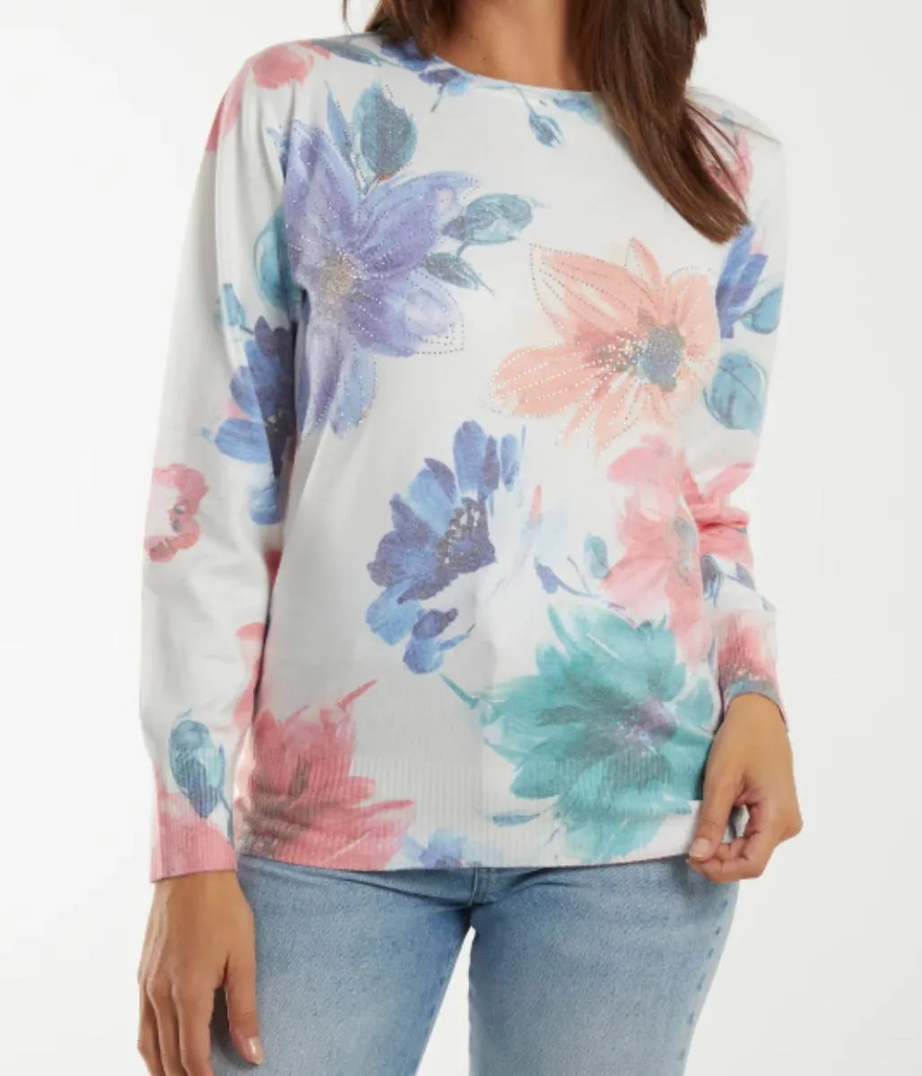 Floral Print Pastel Diamante Jumper