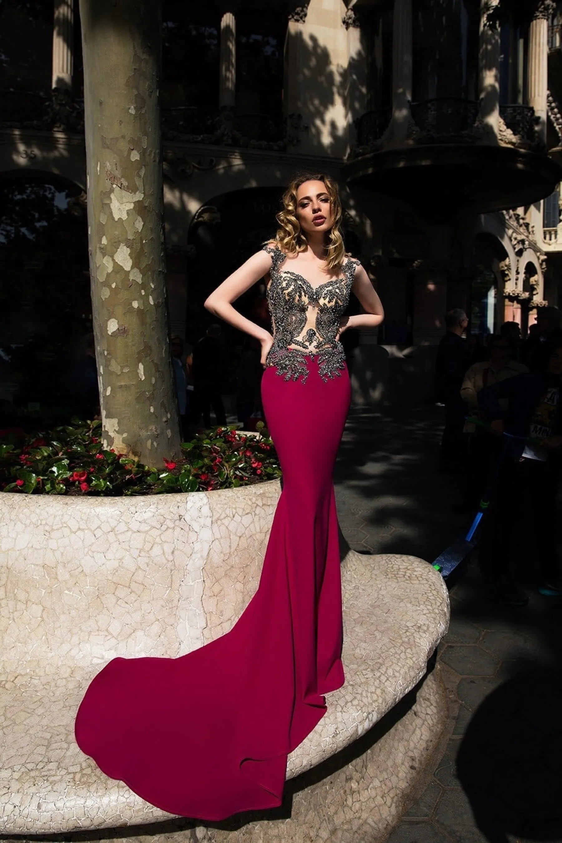 Formal Open Back Mermaid Dress with Train in Burgundy