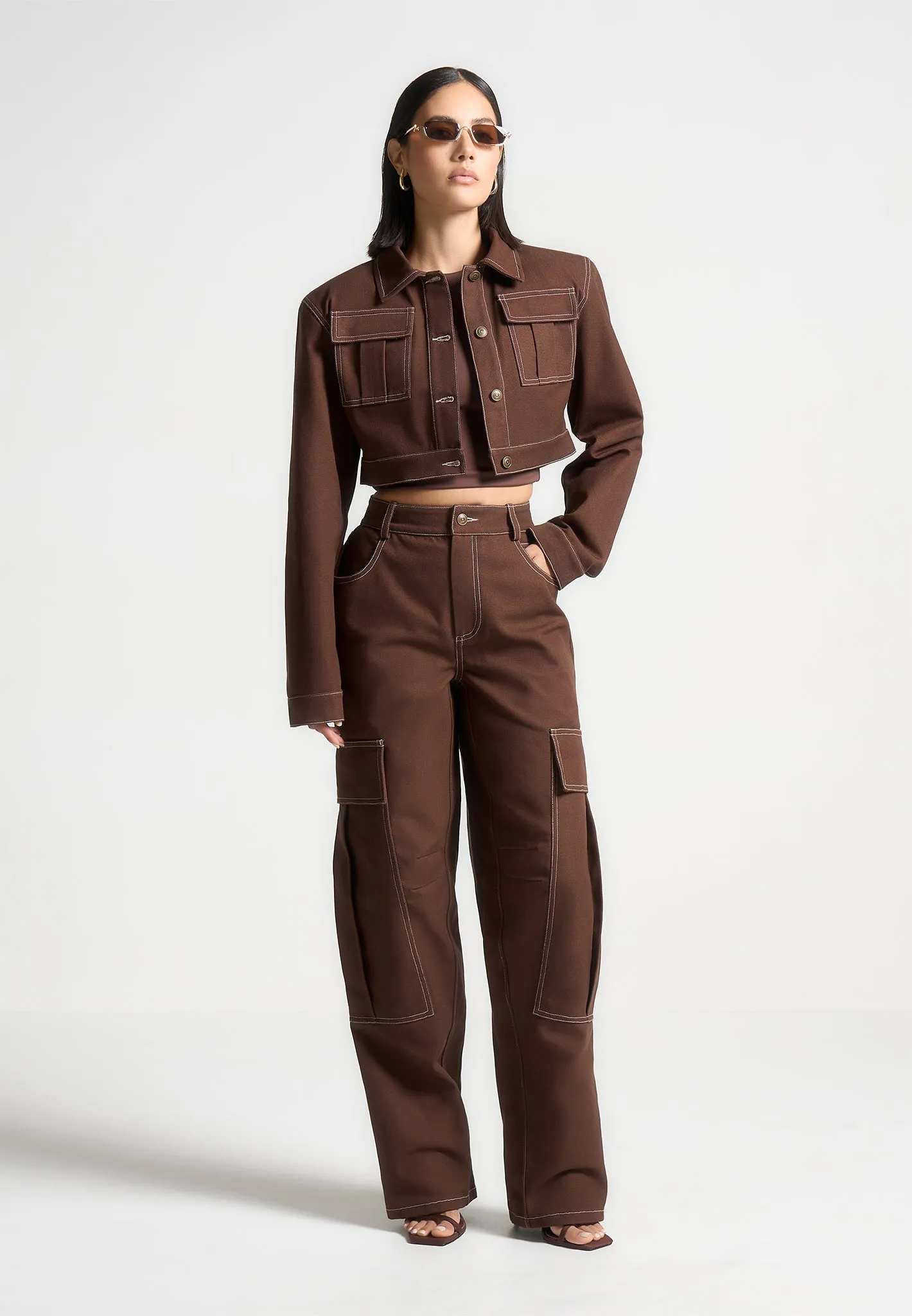 High Rise Drill Cargo Pants - Brown