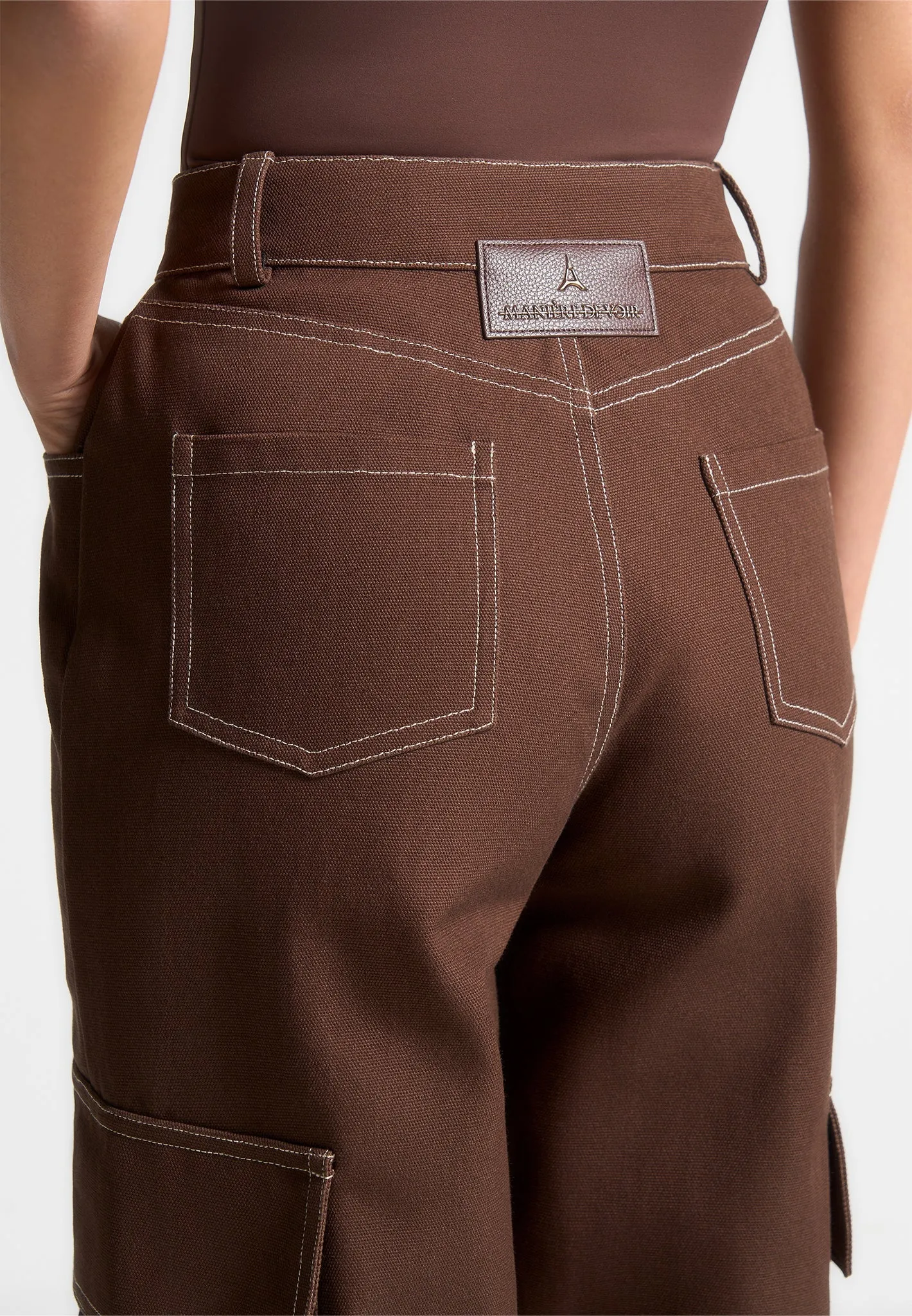 High Rise Drill Cargo Pants - Brown