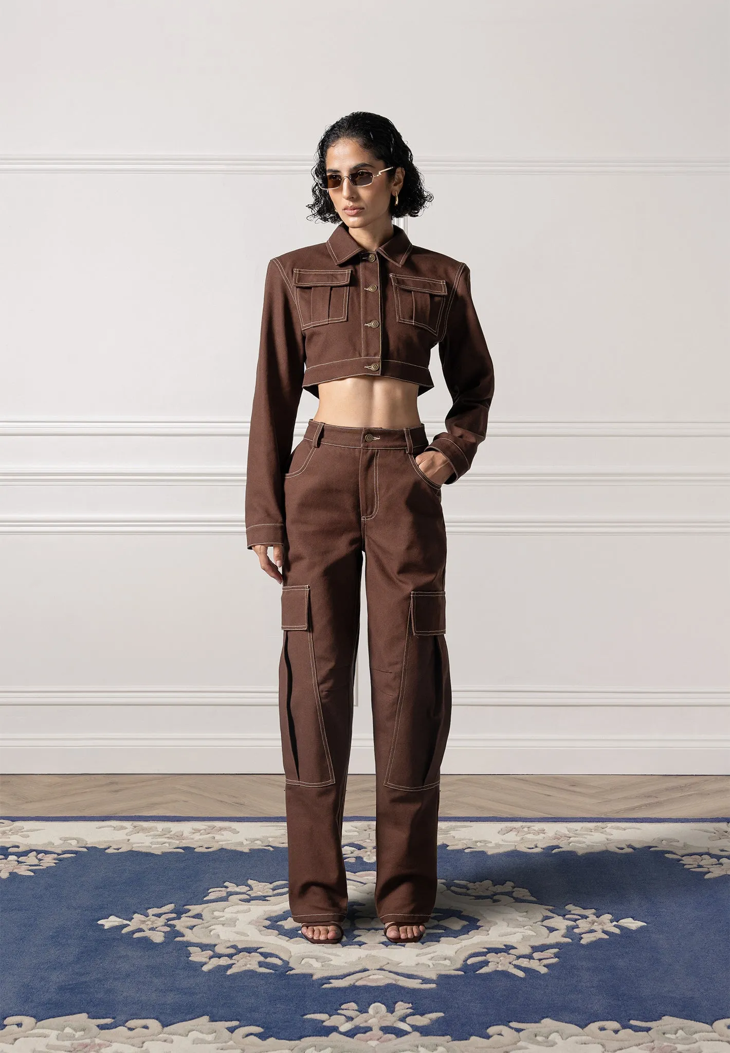 High Rise Drill Cargo Pants - Brown