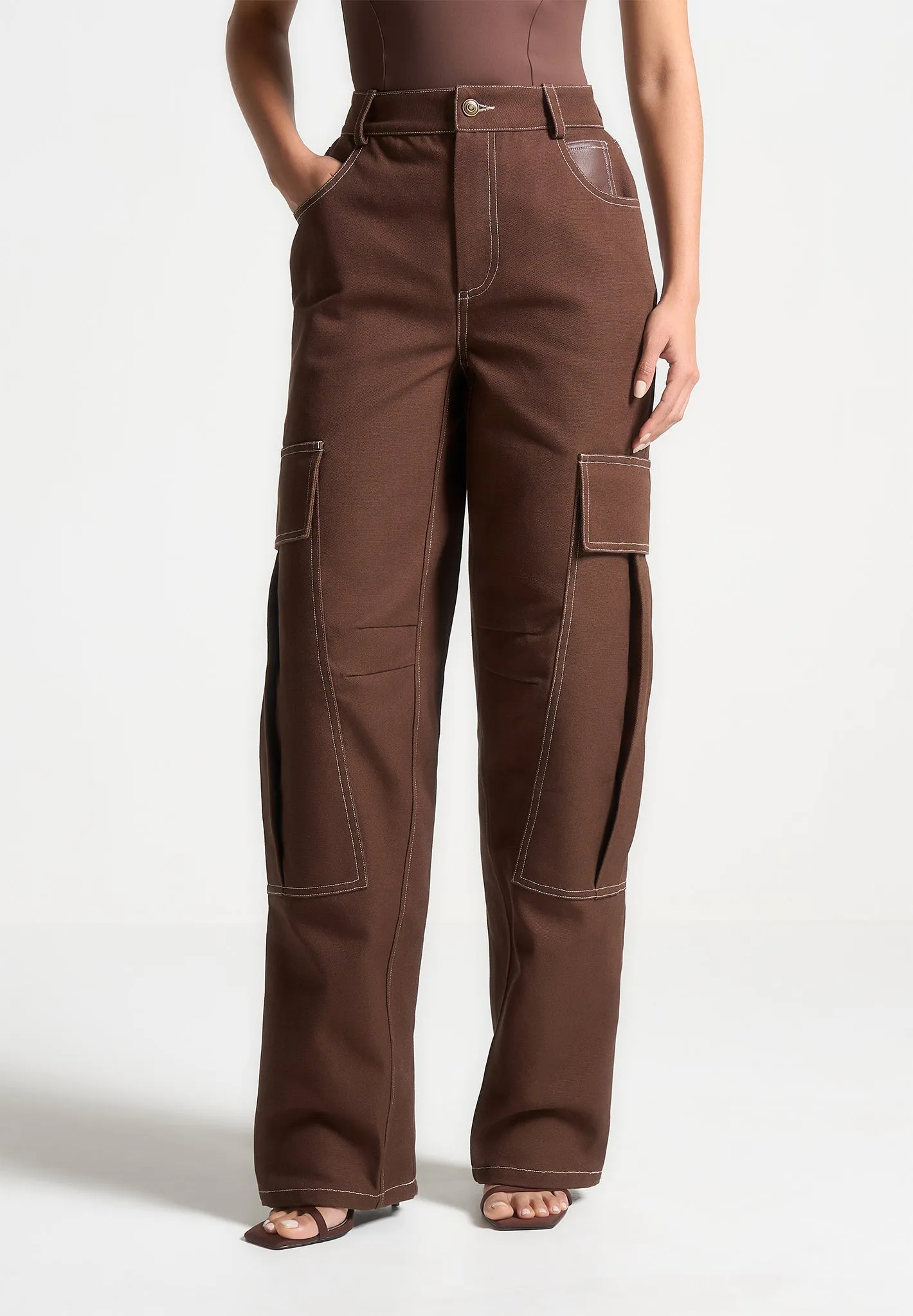 High Rise Drill Cargo Pants - Brown