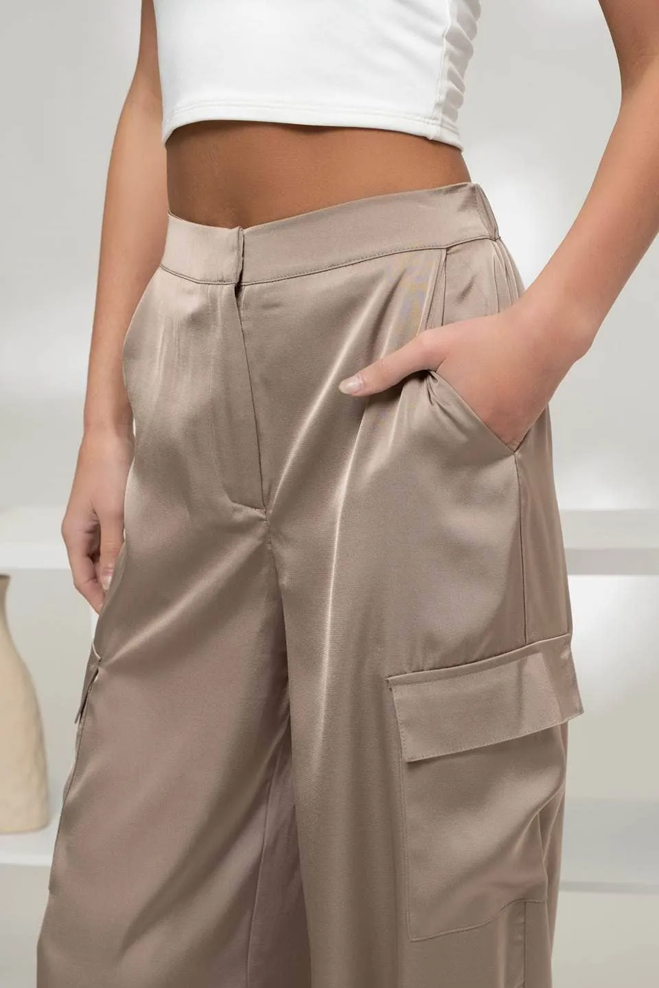 HIGH WAIST SATIN CARGO JOGGER PANTS