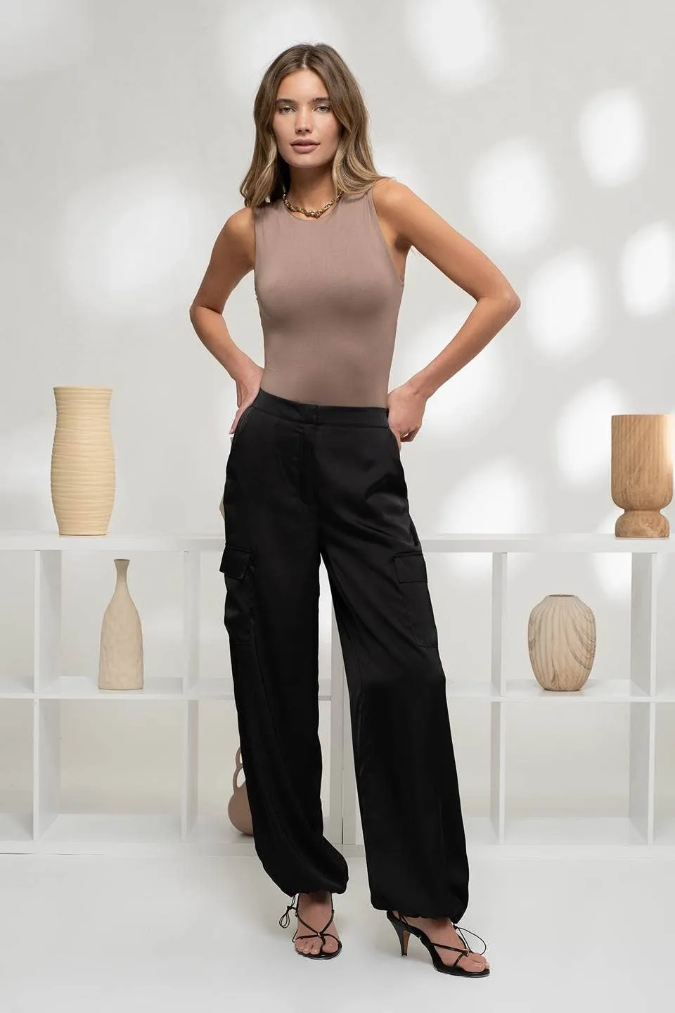 HIGH WAIST SATIN CARGO JOGGER PANTS