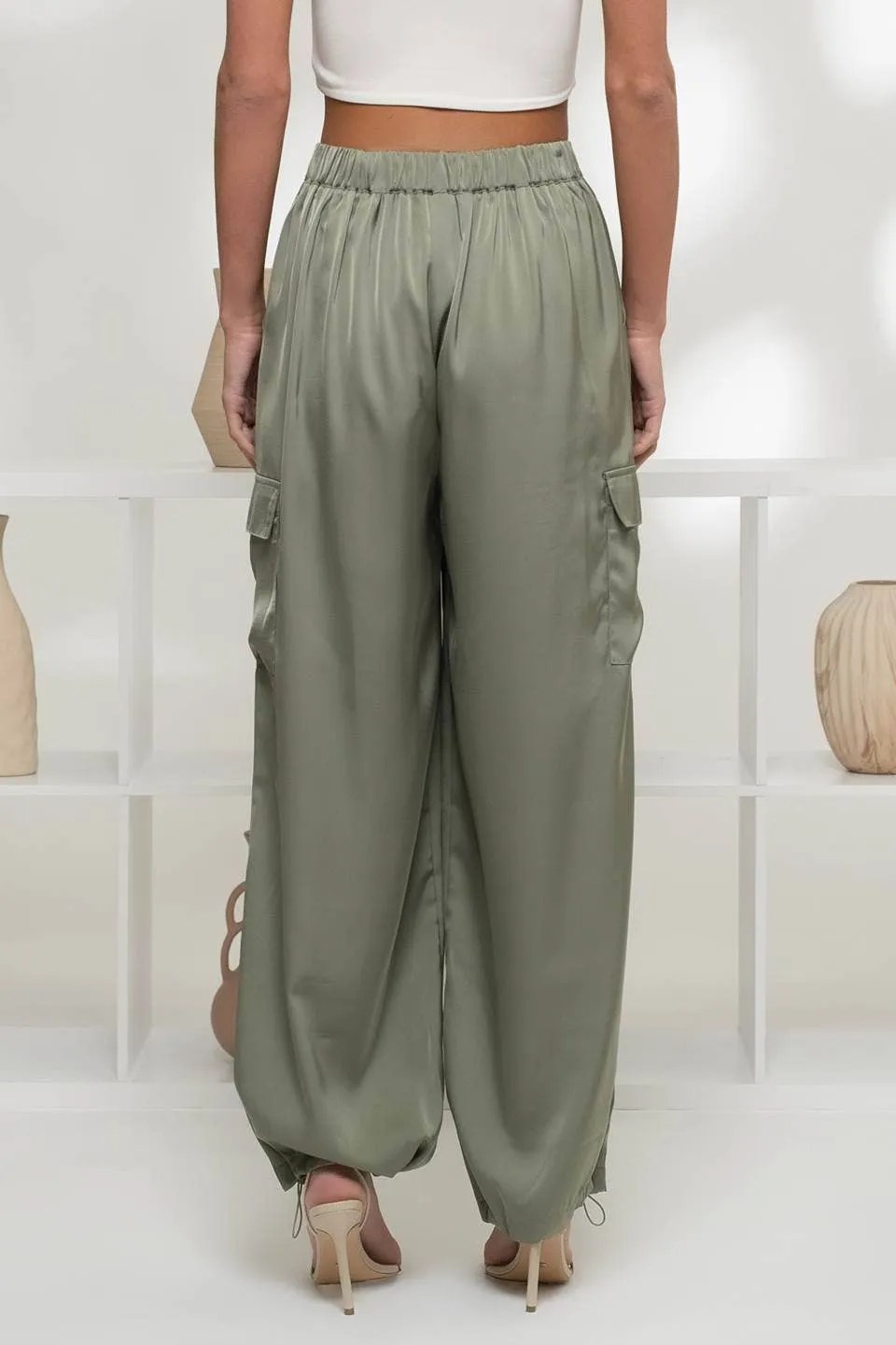 HIGH WAIST SATIN CARGO JOGGER PANTS