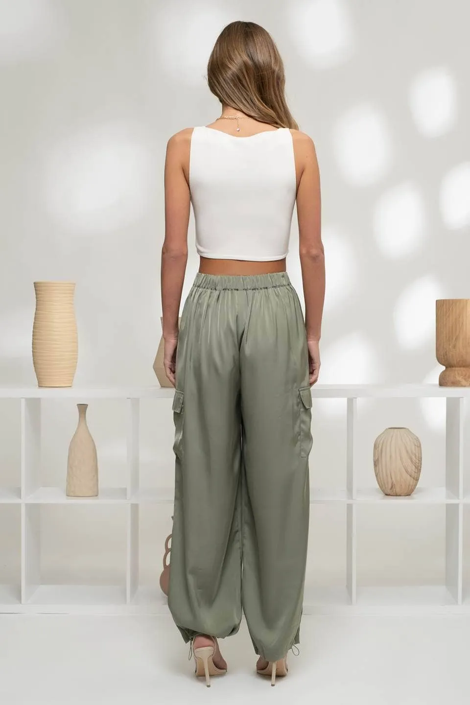 HIGH WAIST SATIN CARGO JOGGER PANTS