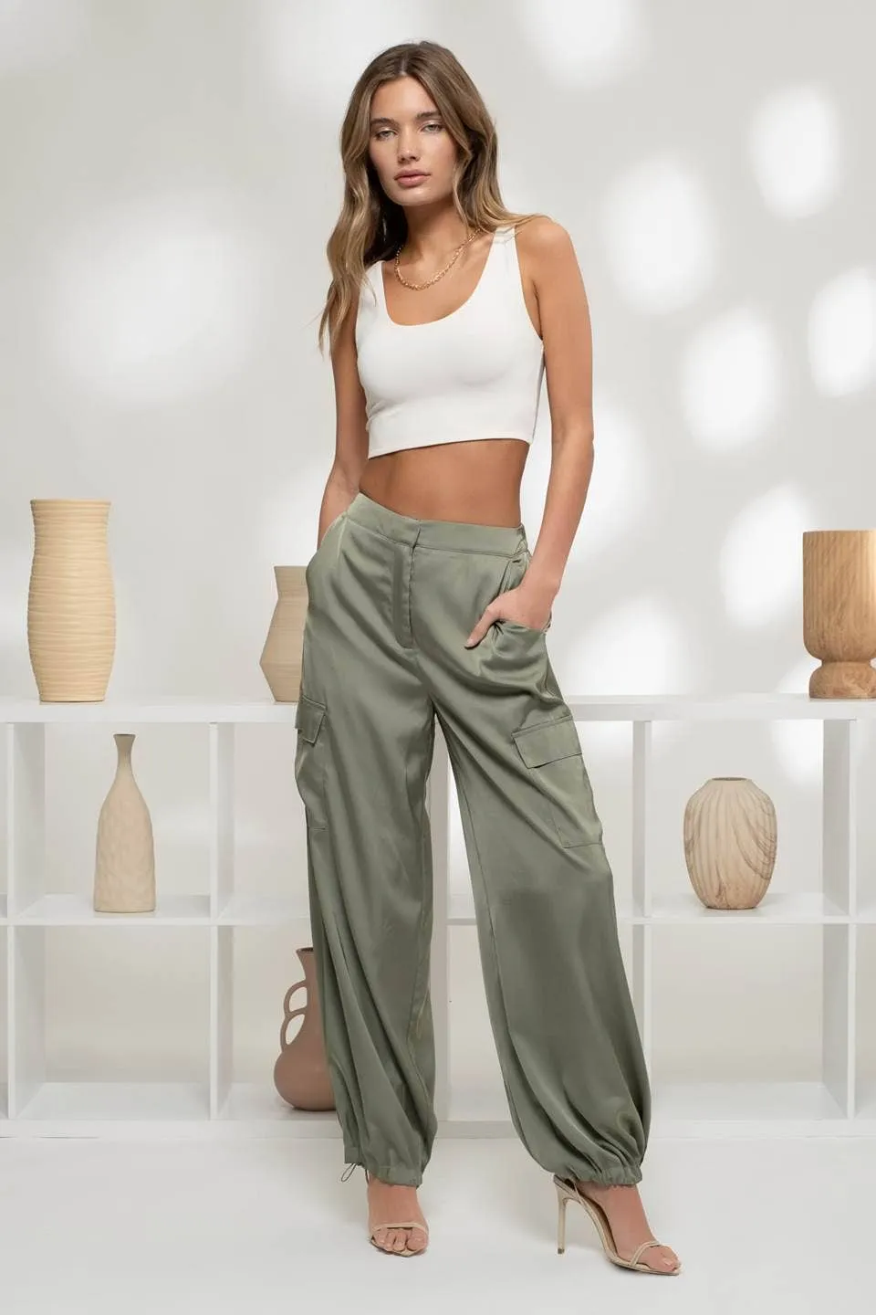 HIGH WAIST SATIN CARGO JOGGER PANTS