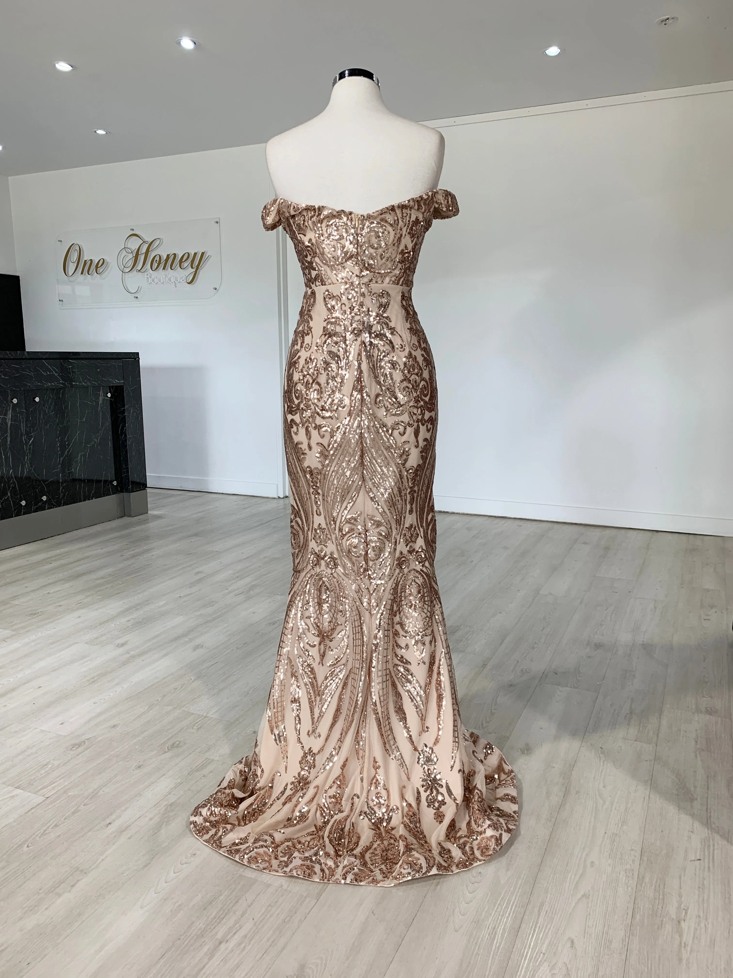 Honey Couture ALISSA Gold Off Shoulder Sequin Formal Dress