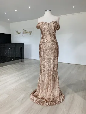 Honey Couture ALISSA Gold Off Shoulder Sequin Formal Dress