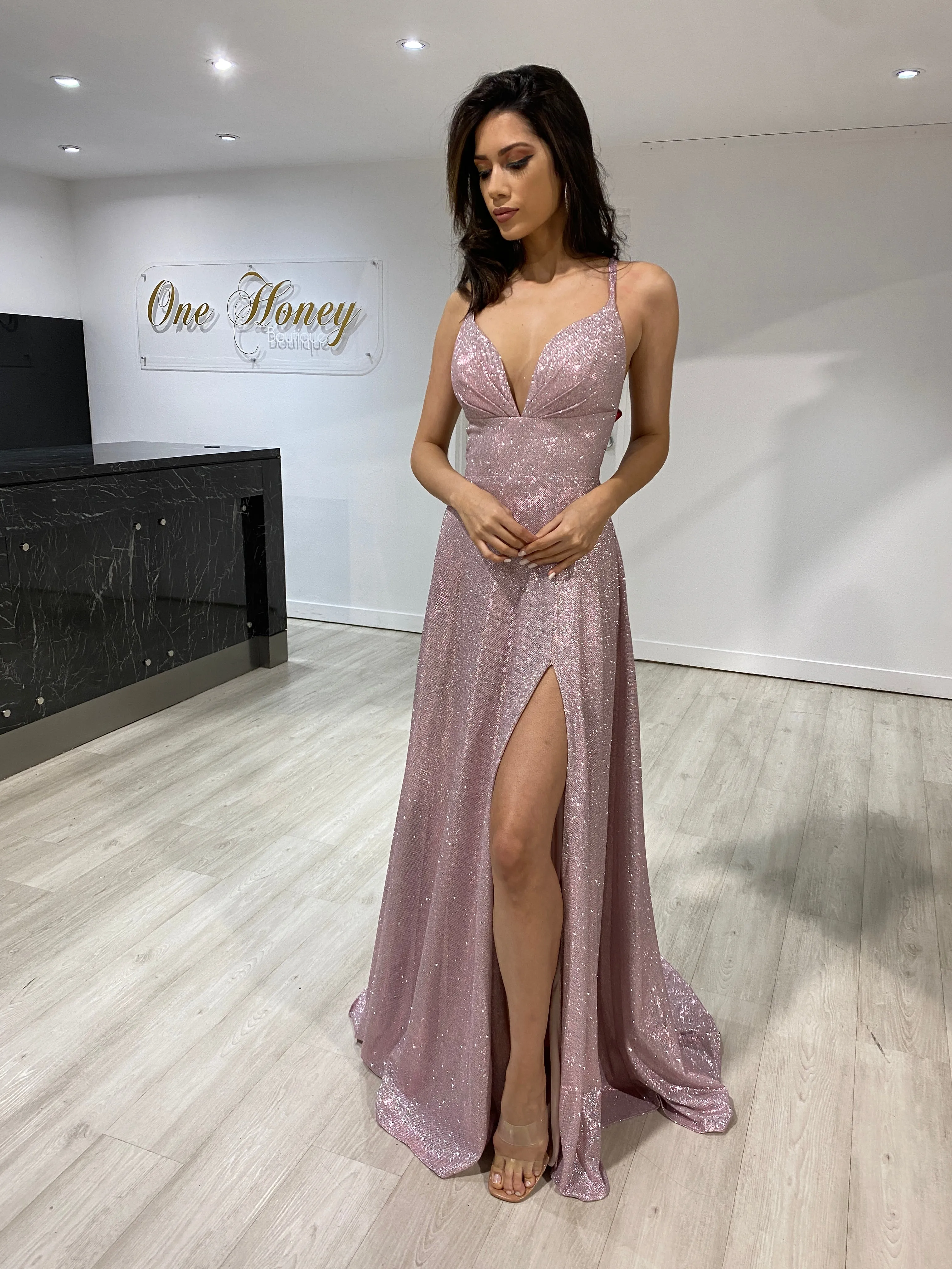 Honey Couture HOLLIE A Line Glitter Effect Formal Dress