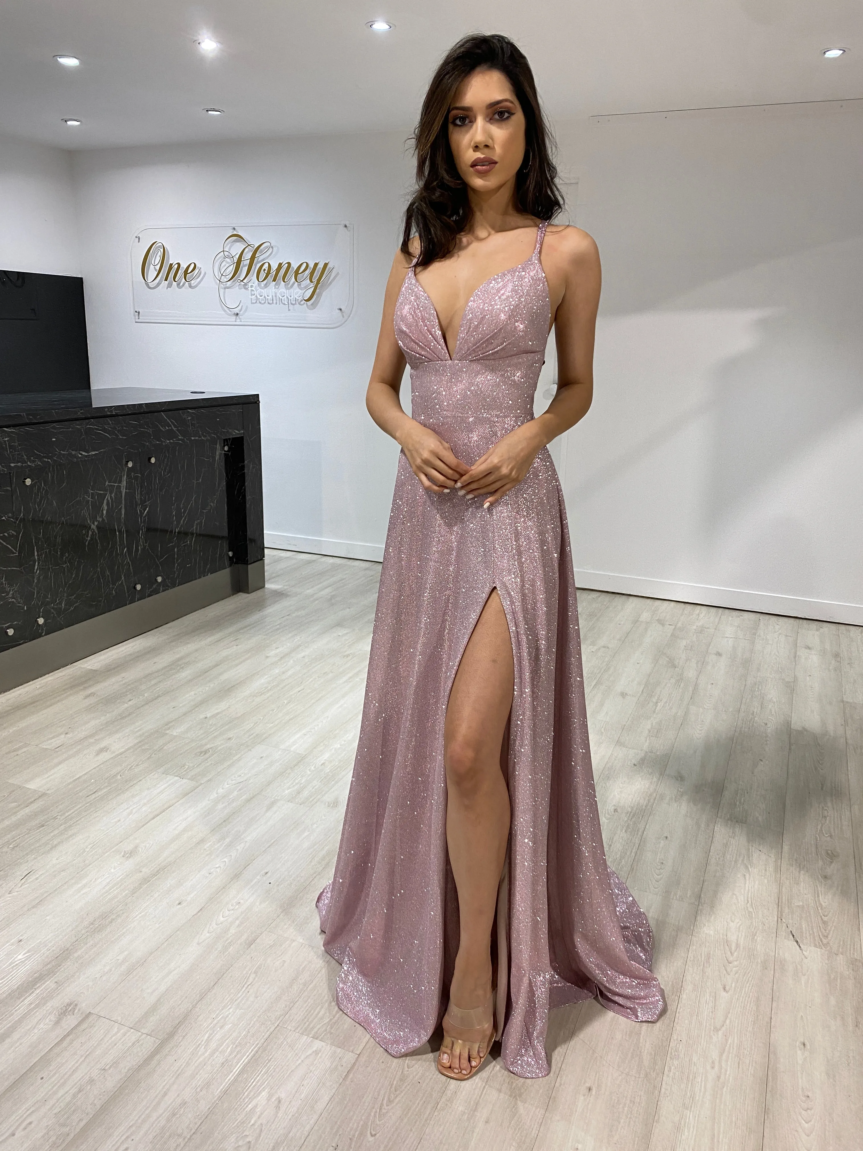 Honey Couture HOLLIE A Line Glitter Effect Formal Dress