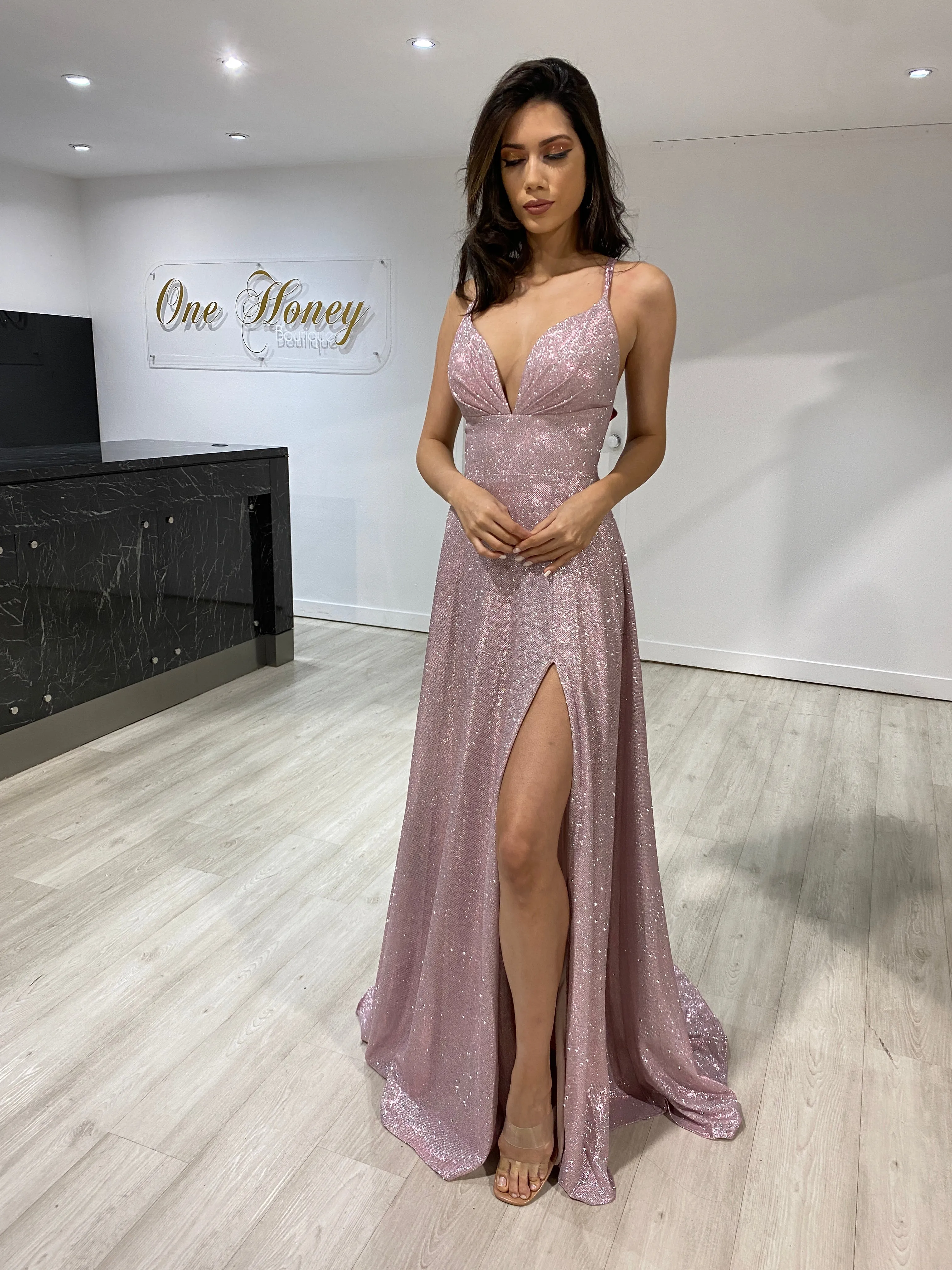 Honey Couture HOLLIE A Line Glitter Effect Formal Dress