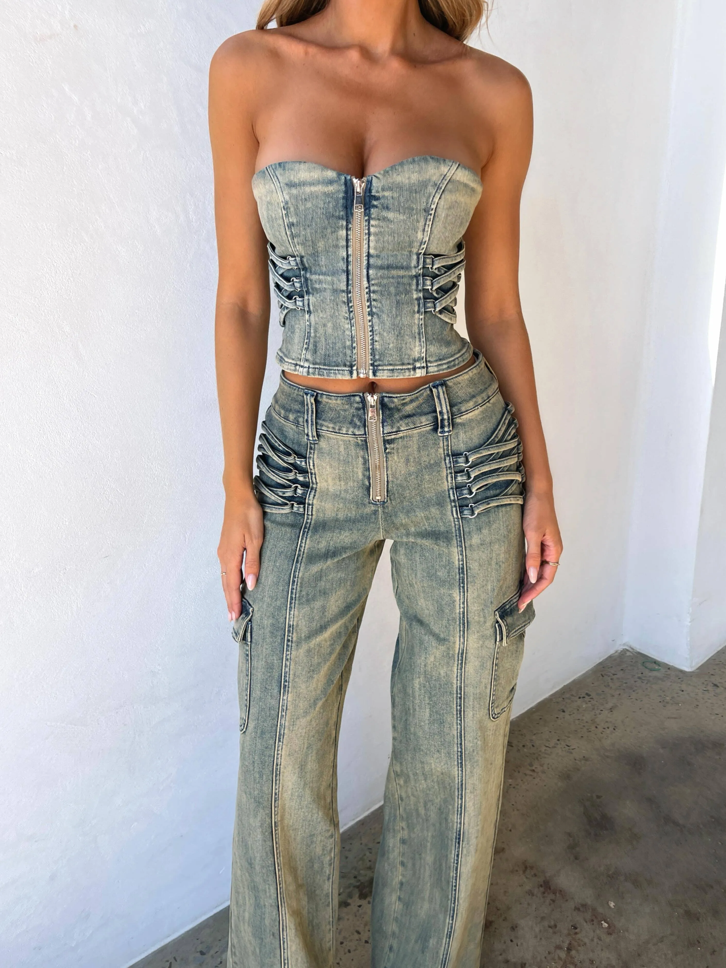 JOELLE CORSET TOP DENIM